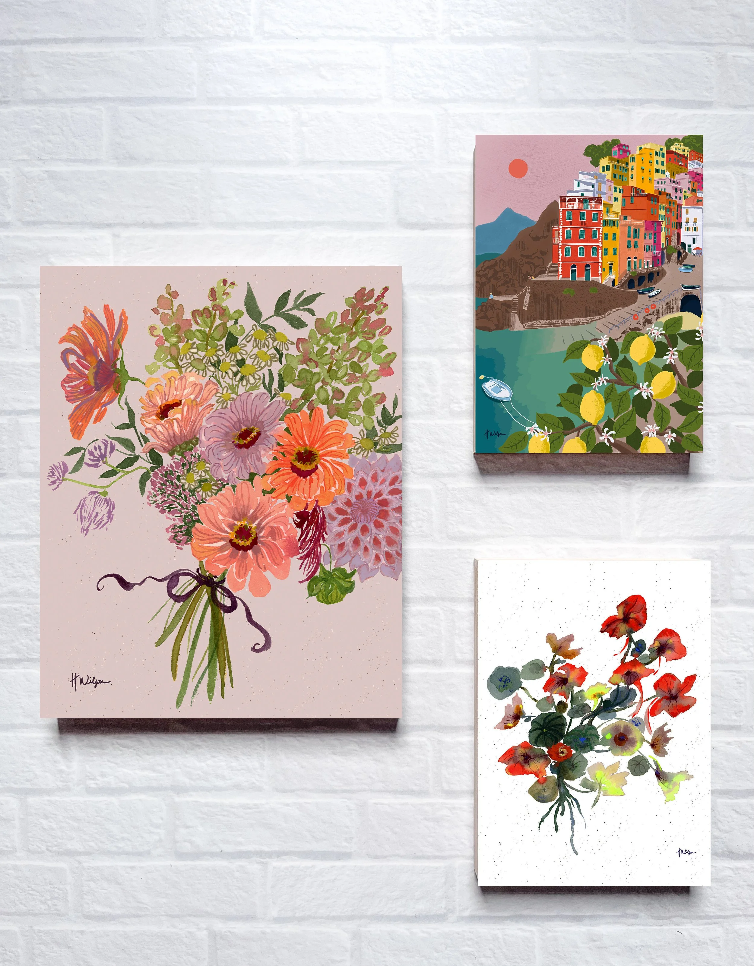 Fall Bouquet Nasturtium Cinque Terre Gallery Wall woodblock.jpg