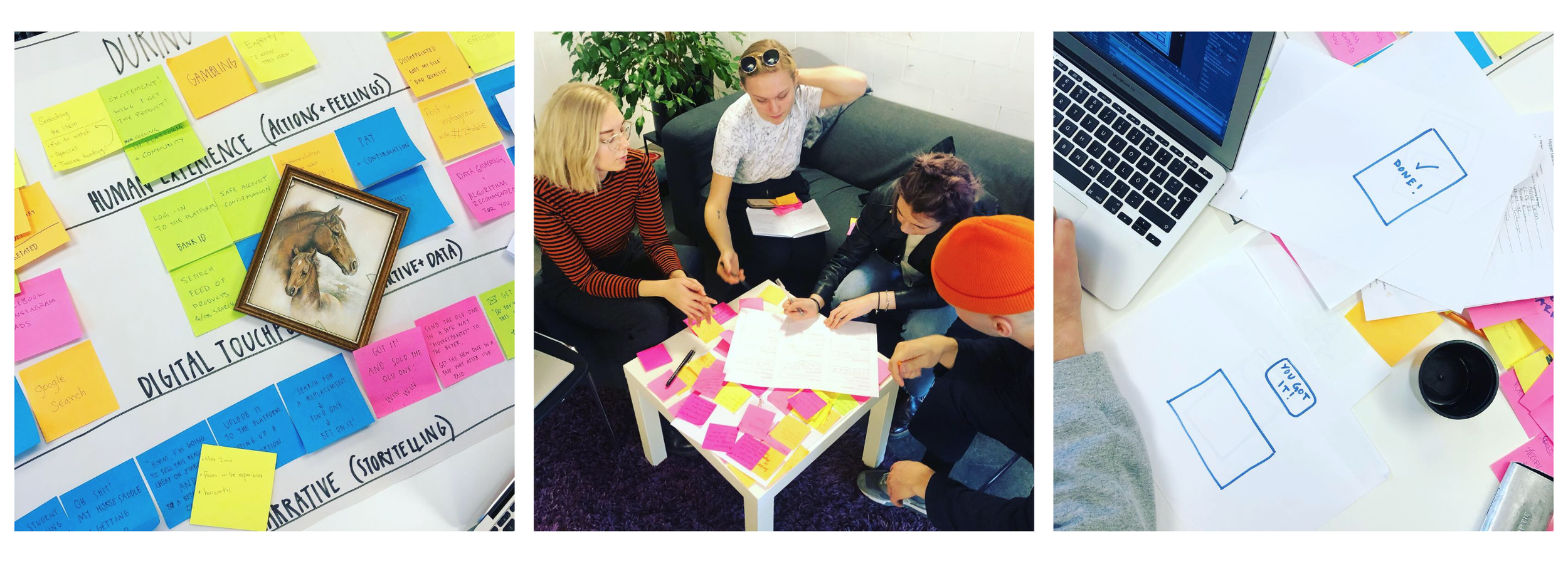 No article about Sprints would be complete without a post-it-note heavy image. This time with snapshots of Experience Mapping, Interface Prototyping and horses.
