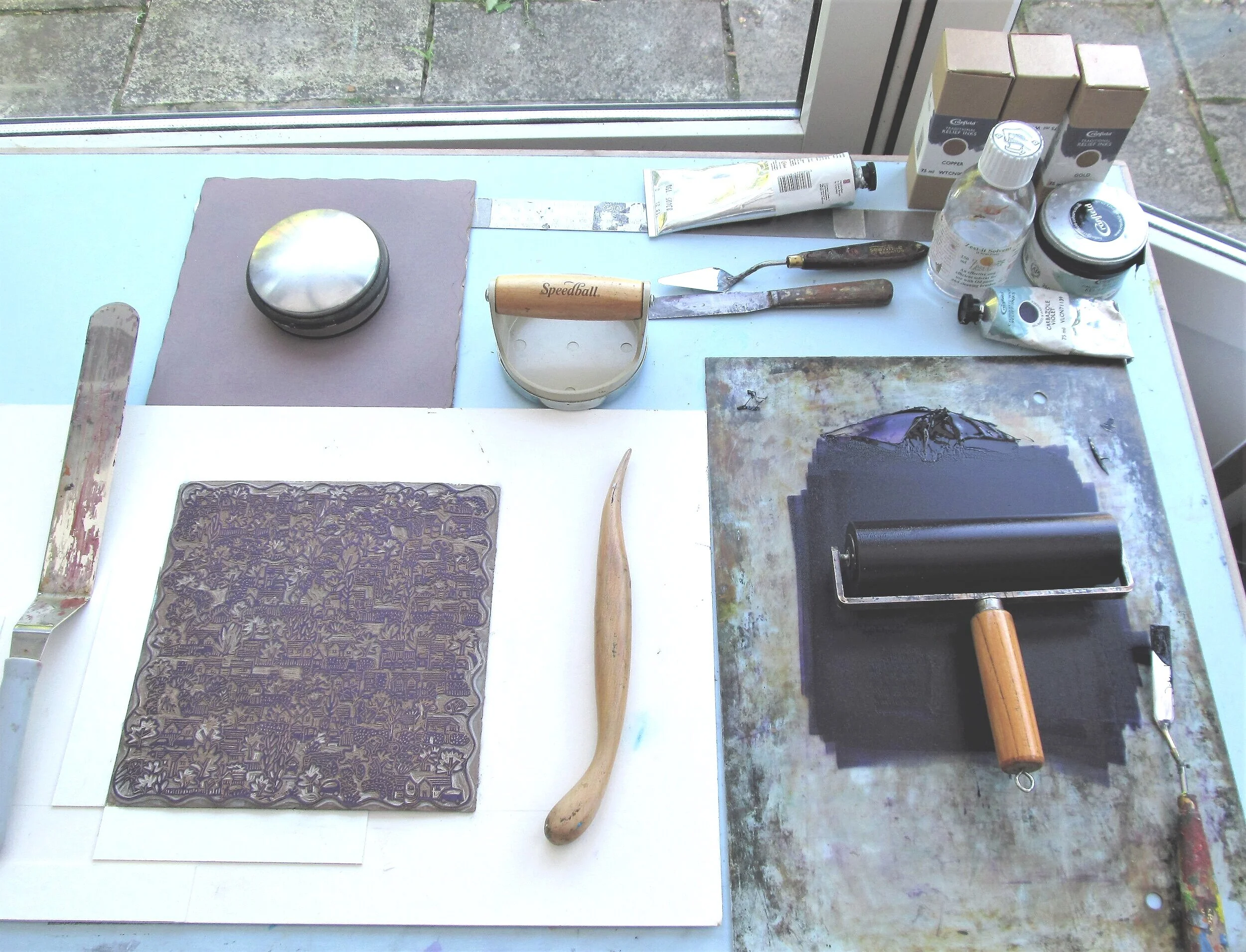 Mark Howard Jones Dog Walk Dream copper teal linocut print in progress