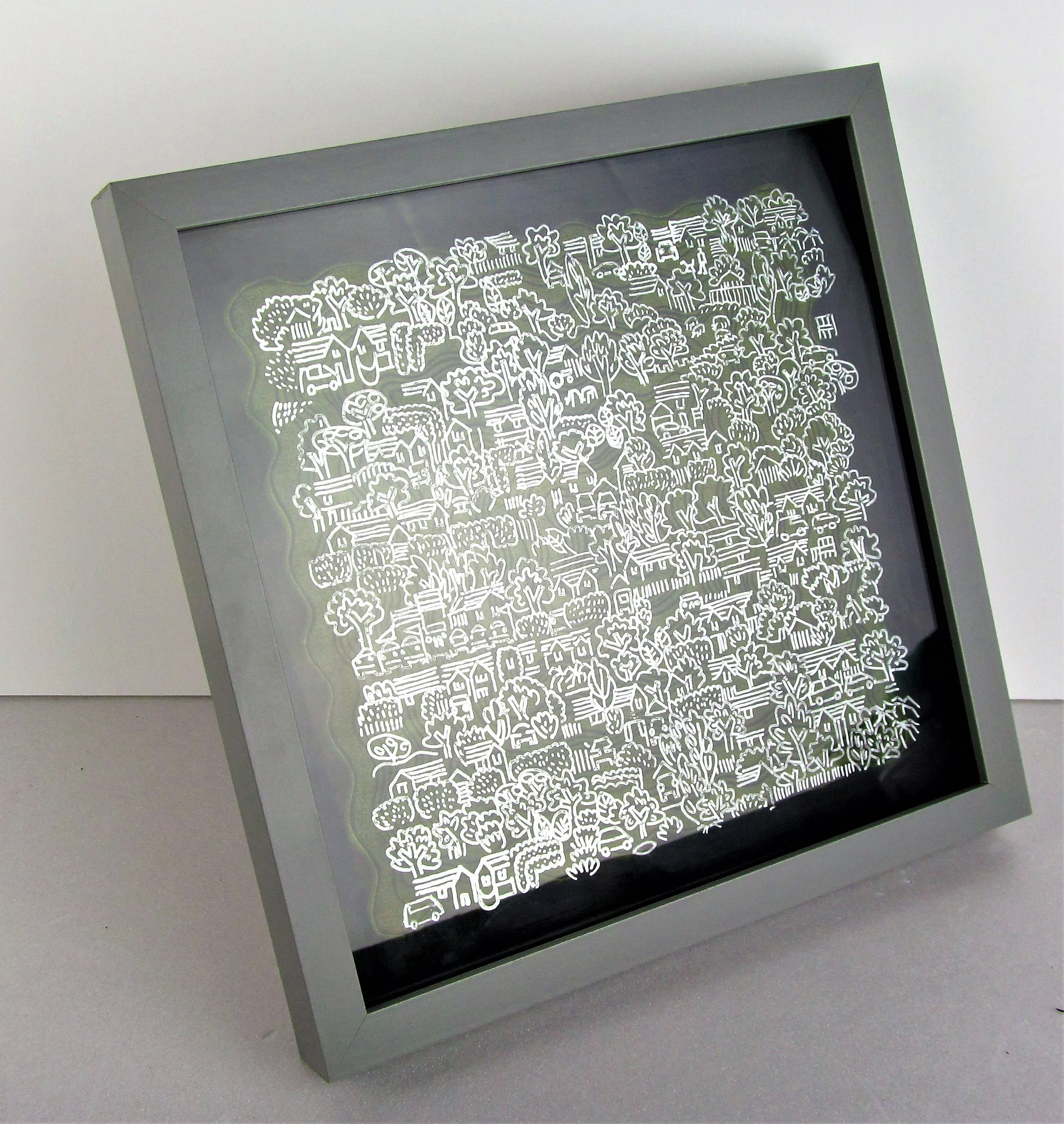 Mark Howard Jones Silver Street Dream Acrylic landscape painting glass grey box frame in situ