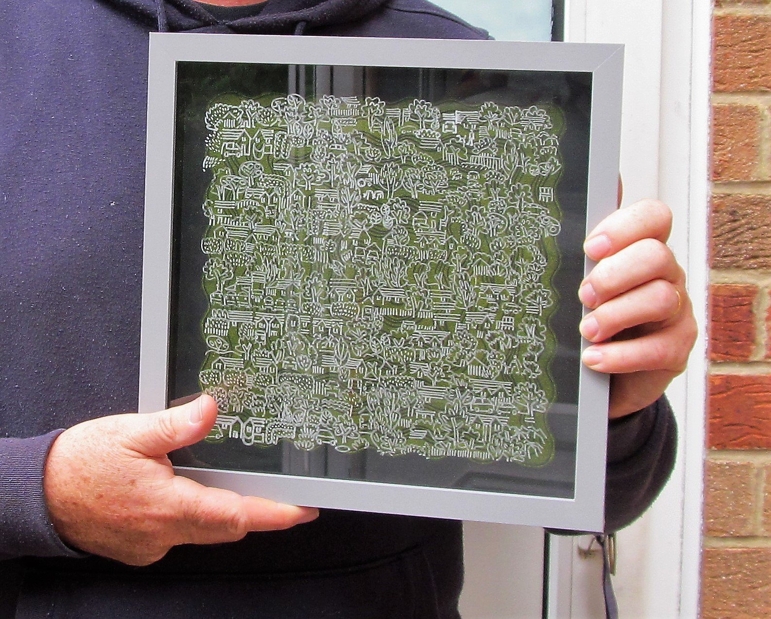 Mark Howard Jones Silver Street Dream Acrylic landscape painting glass grey box frame in hands