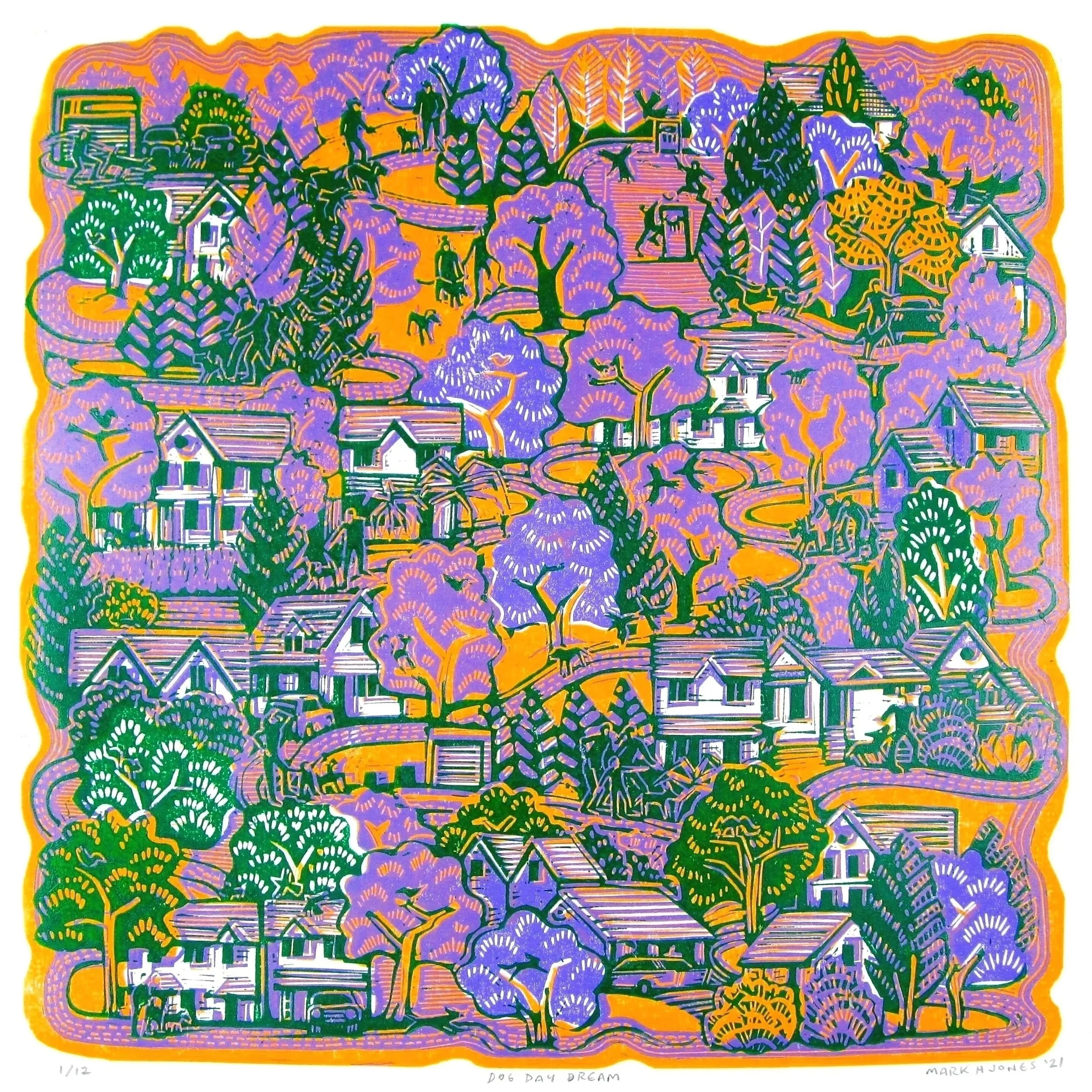 Dog Day Dream, three-colour hand-printed linocut by Mark Howard Jones