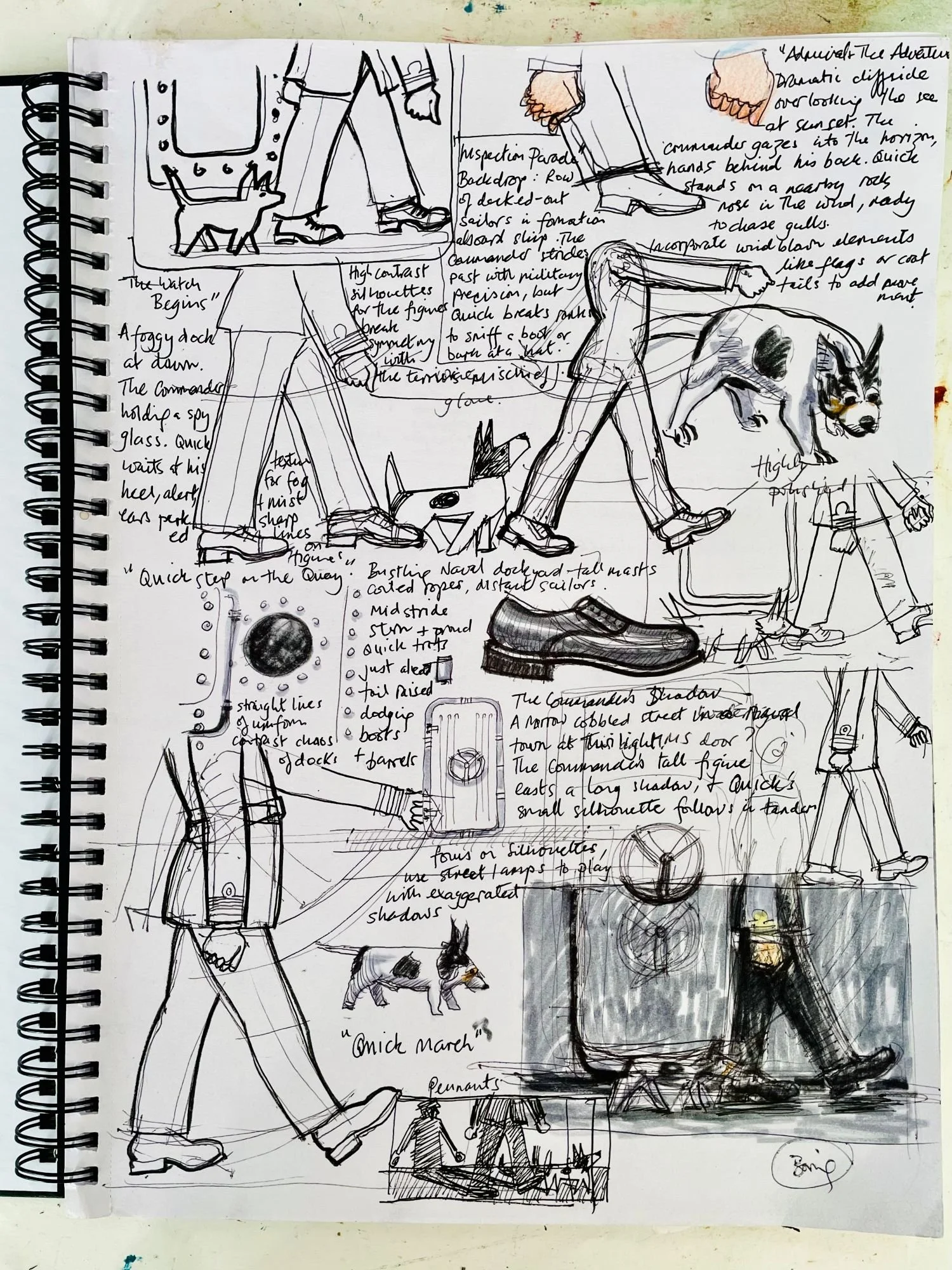 Handprinted linocut print titled Quick March showing a naval Commander walking on a battleship deck with his loyal terrier dog following close behind