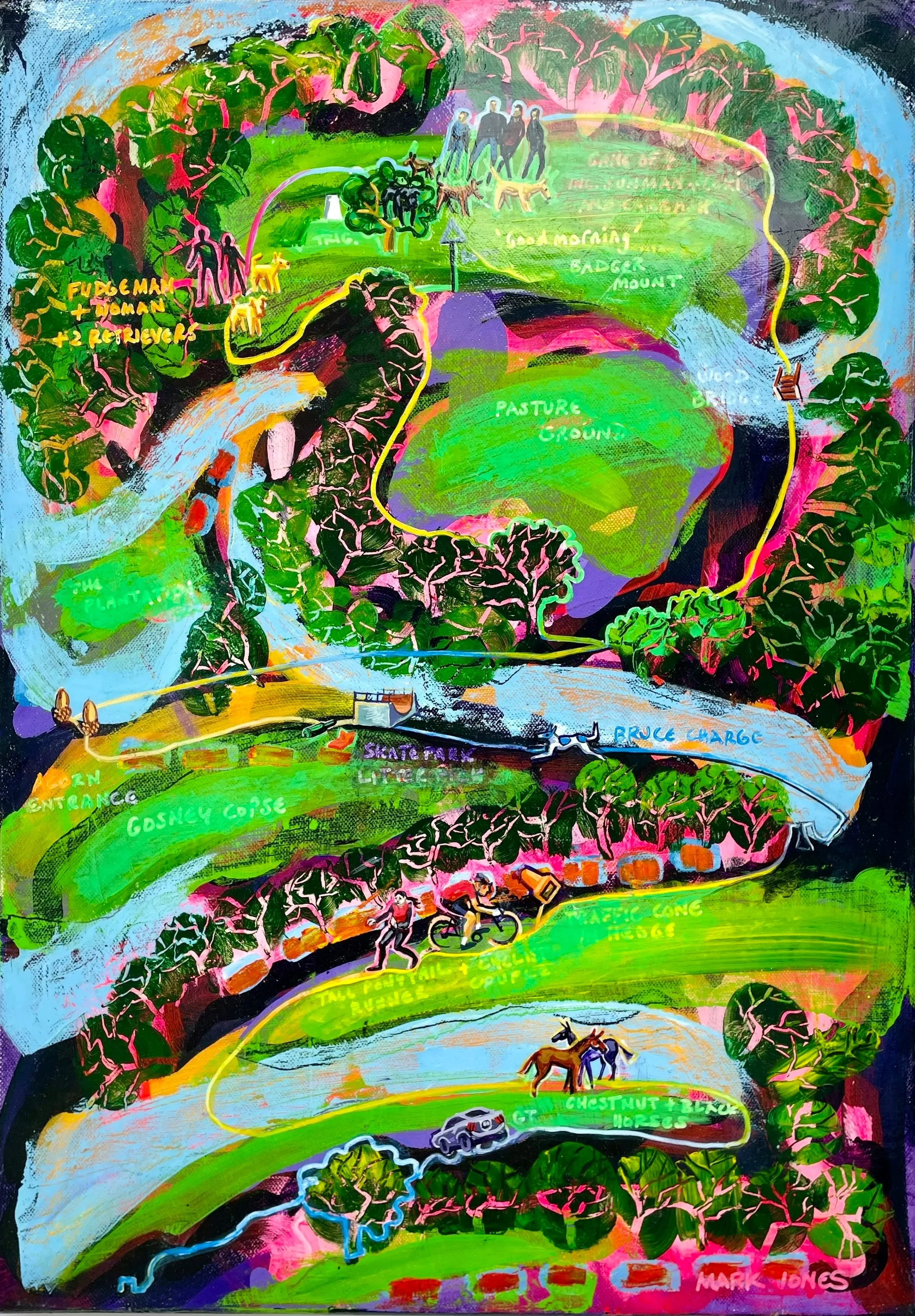 Notes on a Walk, acrylic painting on canvas shown in close detail