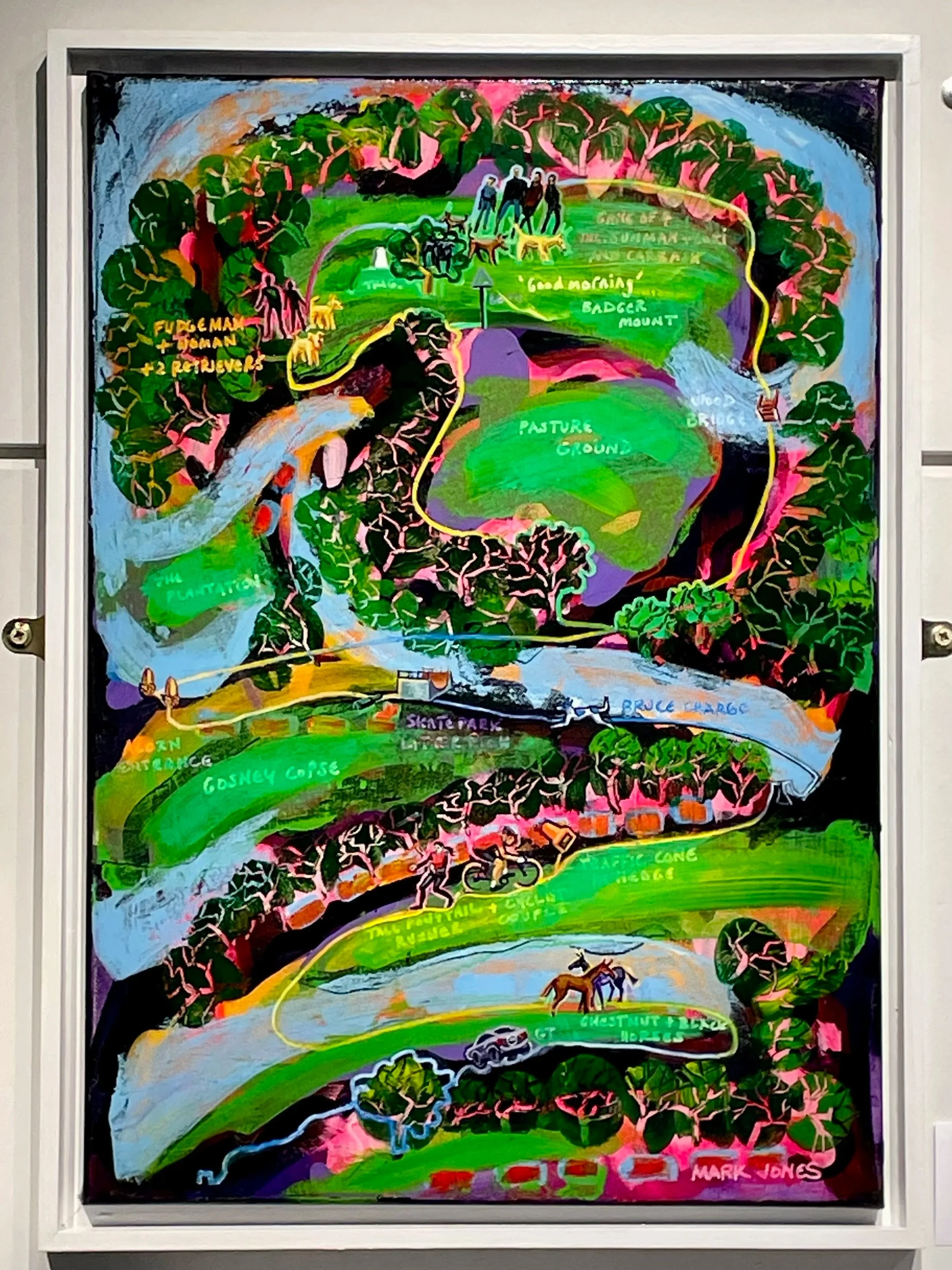 Notes on a Walk, framed acrylic painting hanging