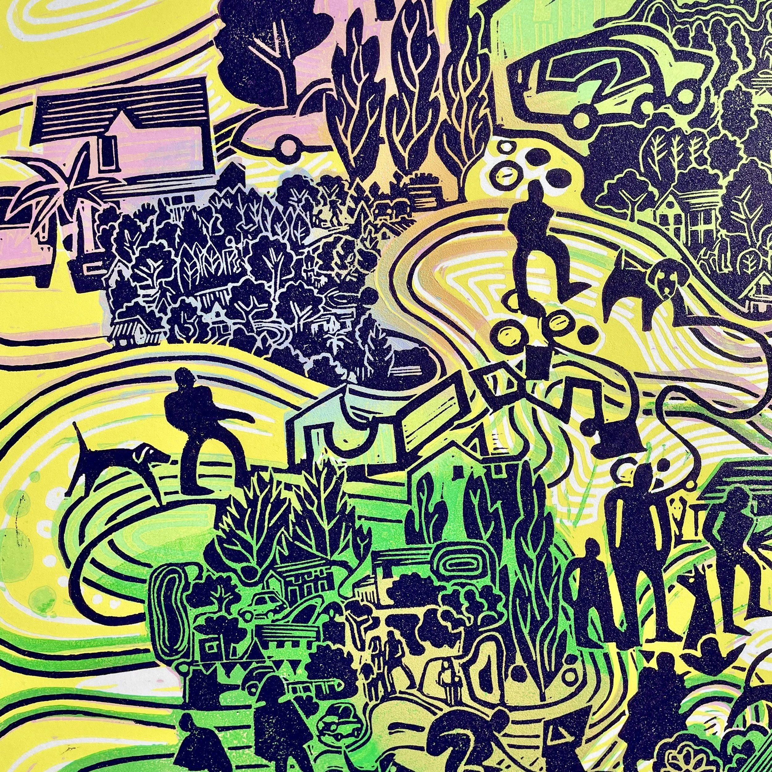 Yellow, green and pink landscape map linocut print of people walking with dogs around suburbia. 