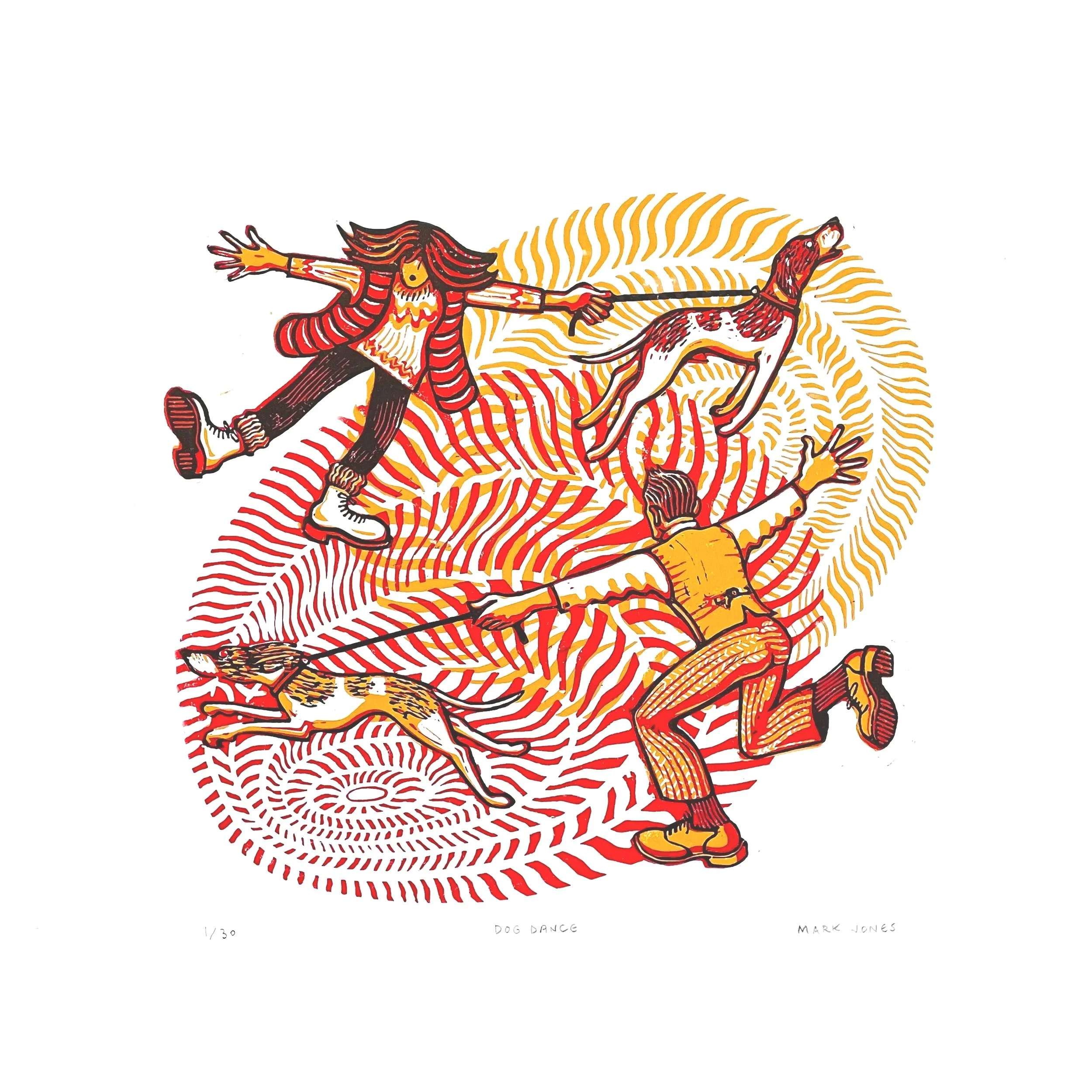 Dog Dance – Handmade Three Colour Limited Edition Linocut Print