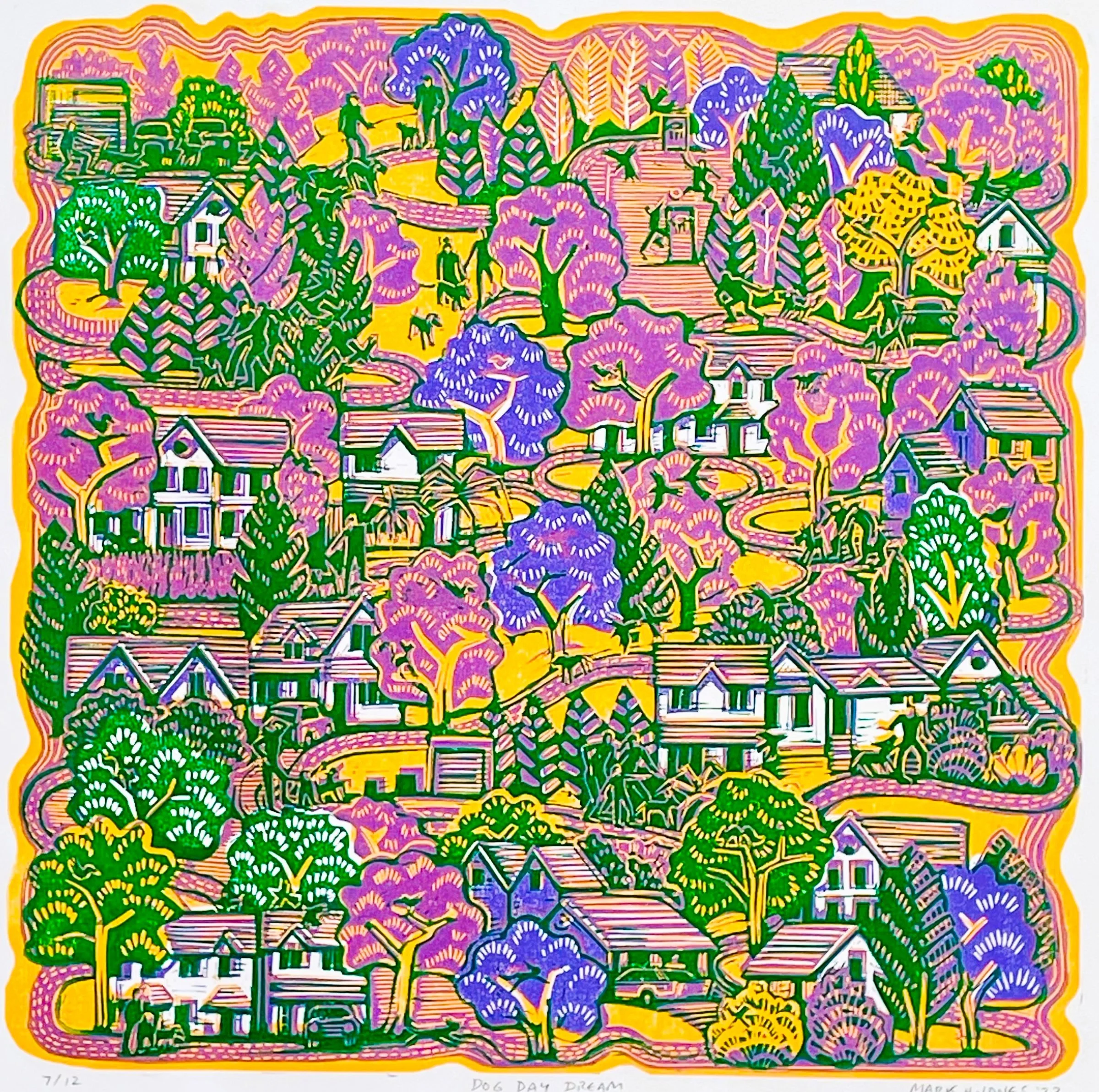 Dog Day Dream | Three-Colour Linocut Print |  30 x 30 cm