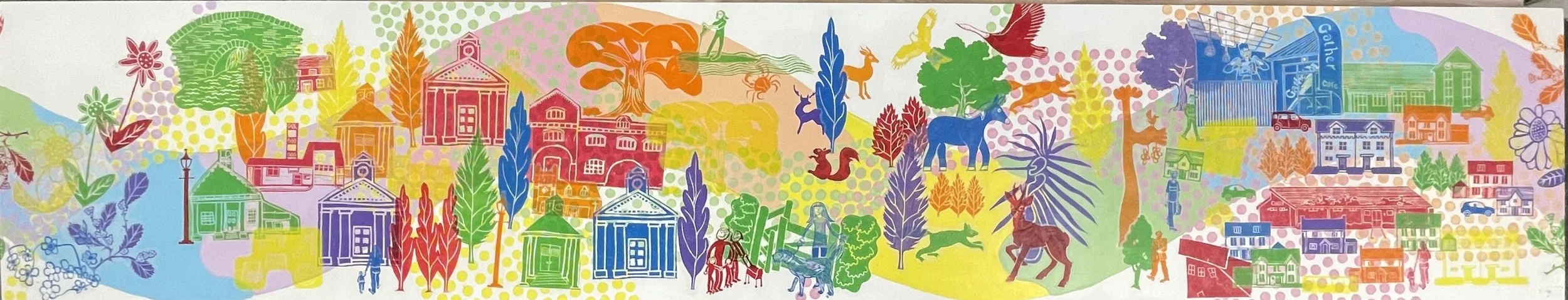 Colourful landscape painting Boorley Green Community Centre Frieze 3 of 4 Acrylic and ink on wood panel