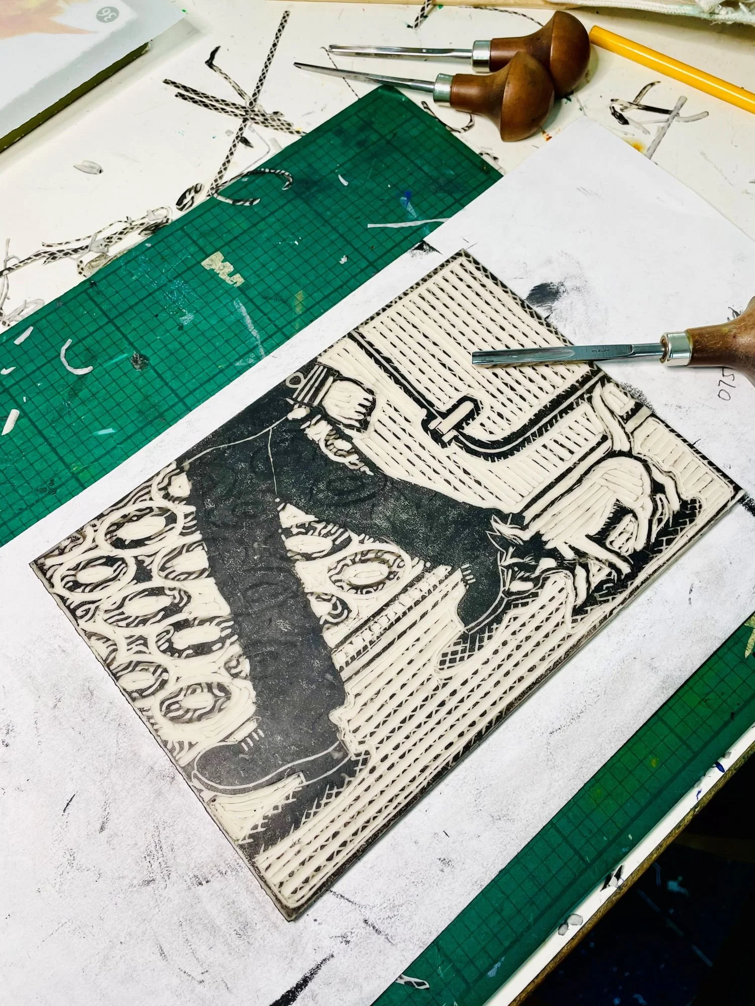 Limited edition handprinted linocut print of a naval Commander marching on a ship’s deck with his terrier dog, Quick