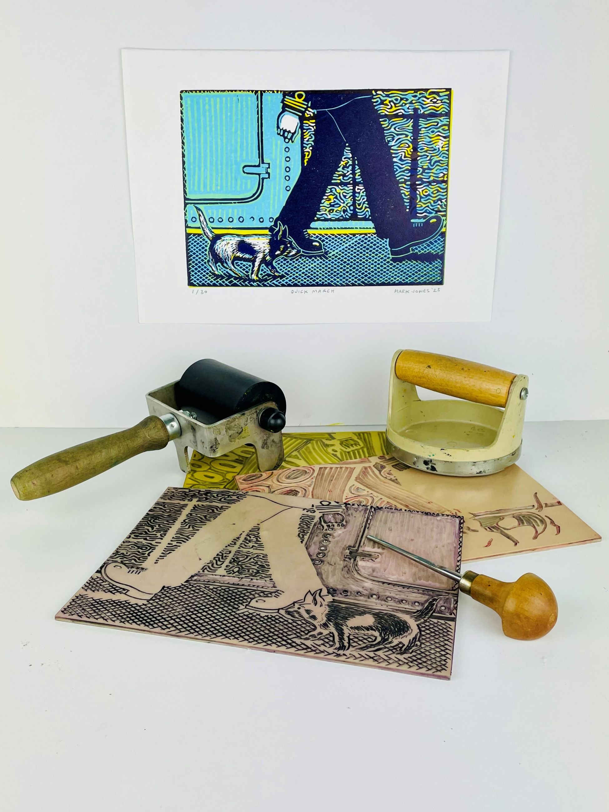 Quick March linocut print in progress with vinyl brayer and baren used for hand printing traditional artwork