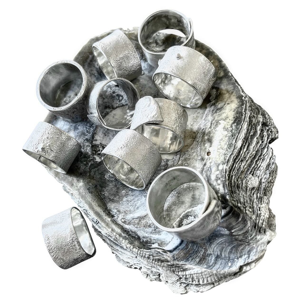 Erosion rings :) Chunky. Heavily textured. Slightly adjustable. 🤍
#chunkyrings 
#moltensilver 
#ecosilverjewellery 
#rusticrings 
#cornishjeweller 
#jenwilliamsjewelleryartist