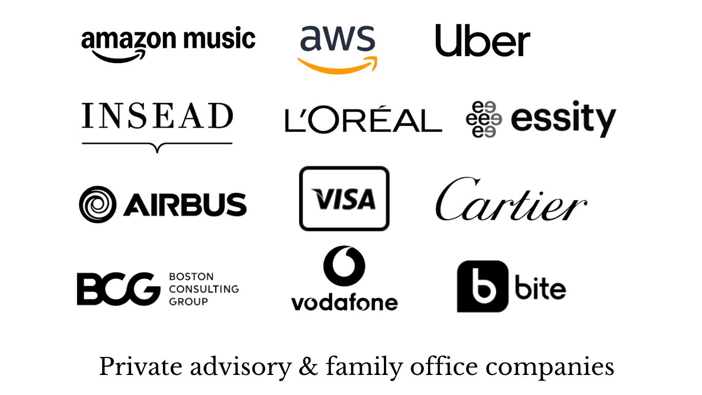 Logos of various private advisory and family office companies, including Amazon Music, AWS, Uber, INSEAD, L'Oreal, Essity, Airbus, Visa, Cartier, Boston Consulting Group, Vodafone, Bite, with a caption at the bottom reading "Private advisory & family office companies."