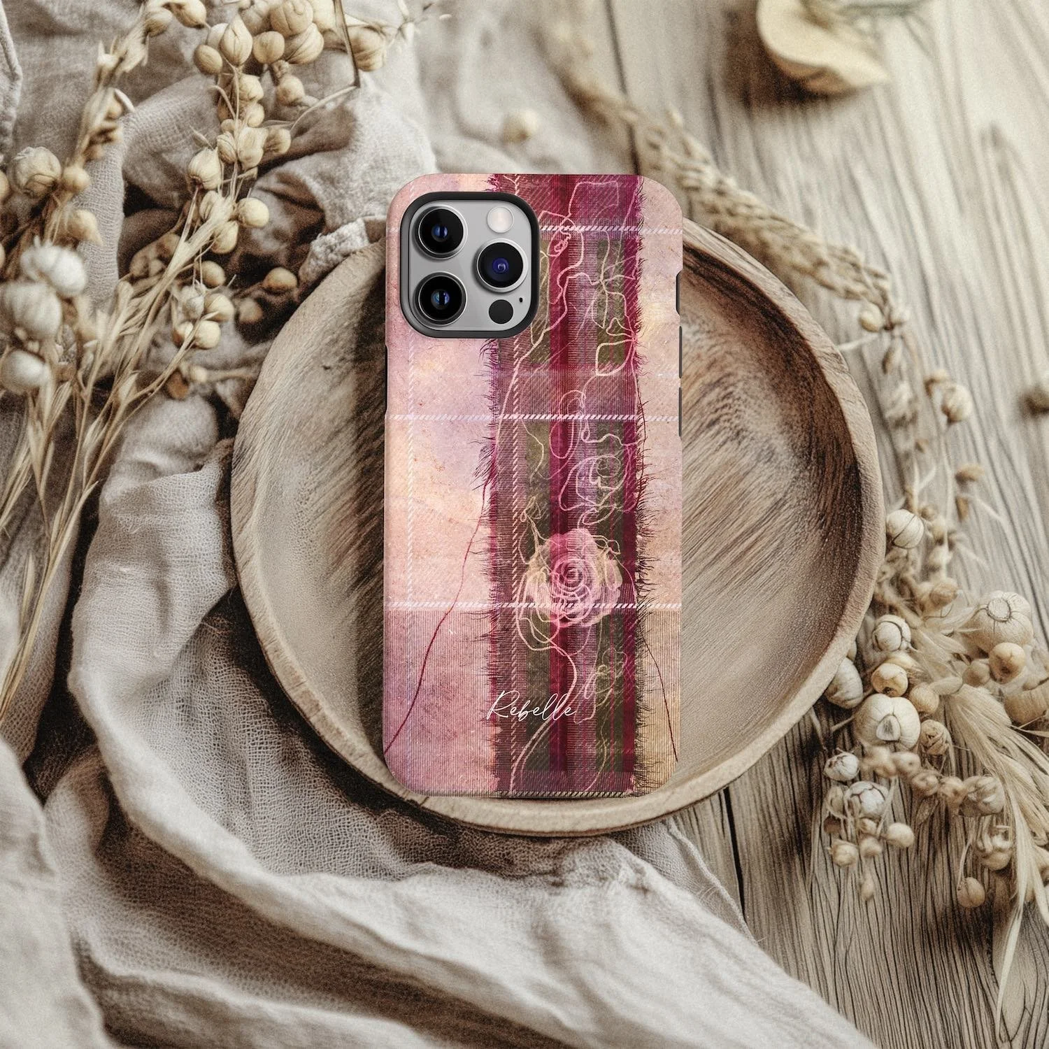 Beautiful hand drawn art phone case featuring Flora Macdonald tartan and a white rose