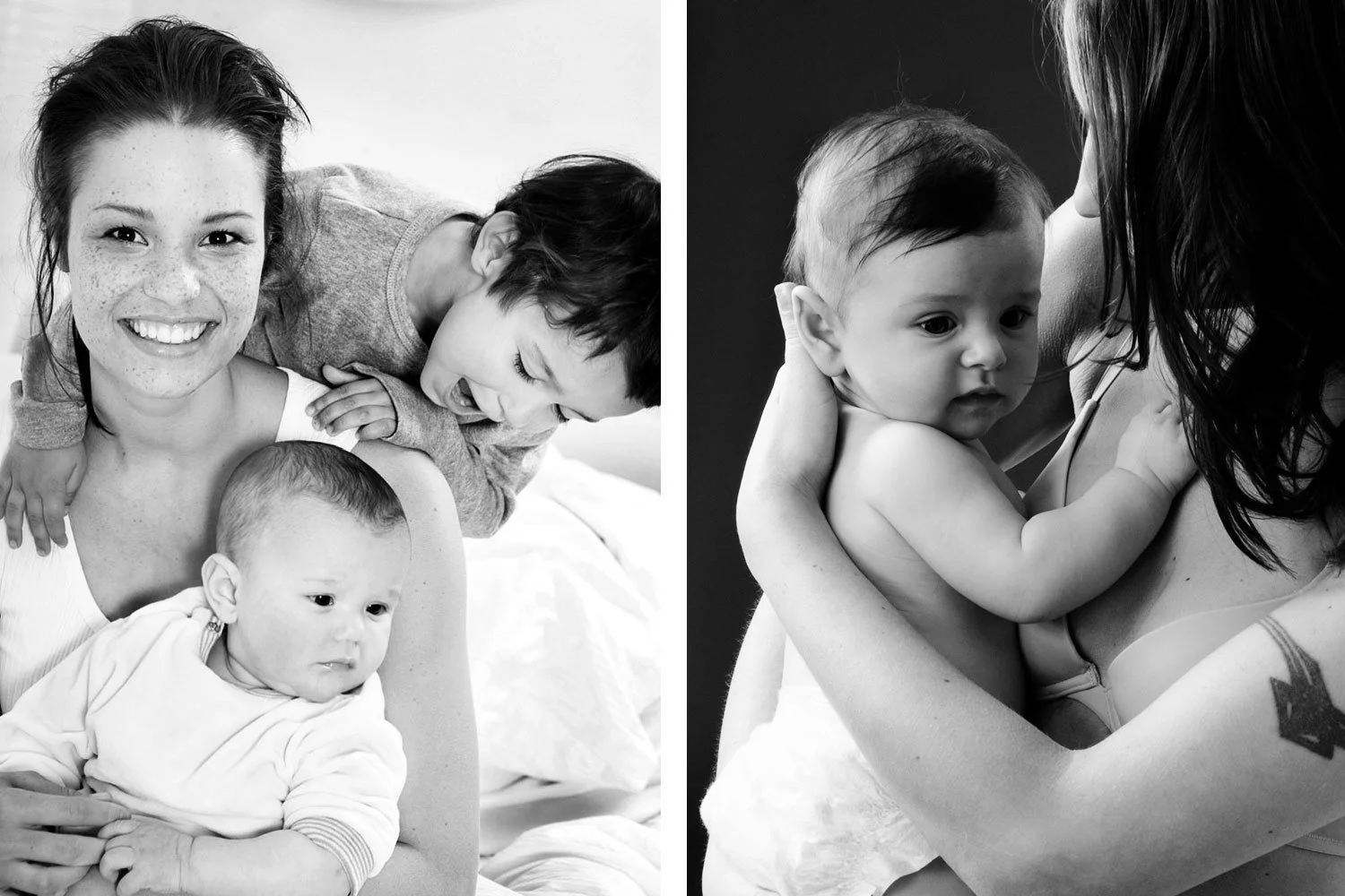 Junge Mutter kuschelt mit ihren beiden Kindern auf dem Bett