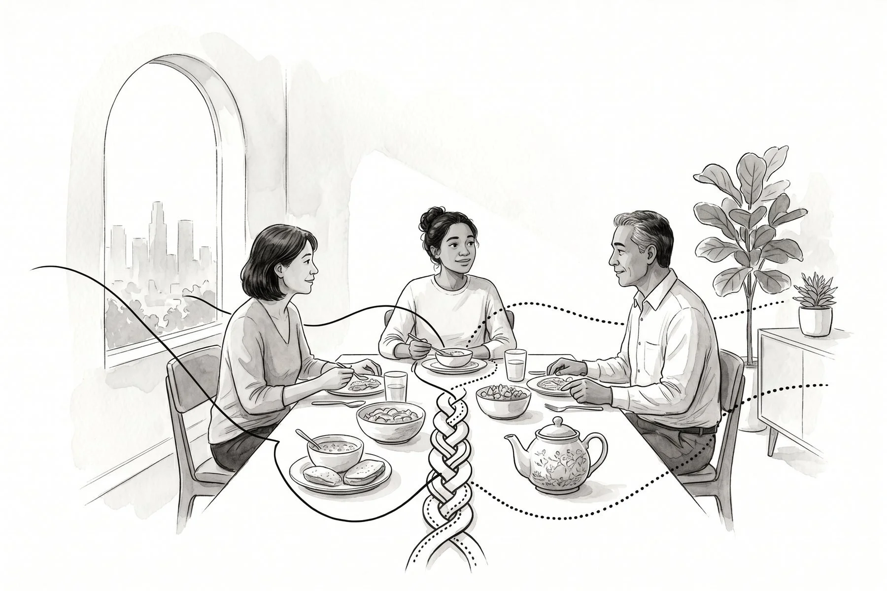 Illustration of a young woman at a family dinner with her parents, a smooth line and a dotted line braiding together on the table in front of her.