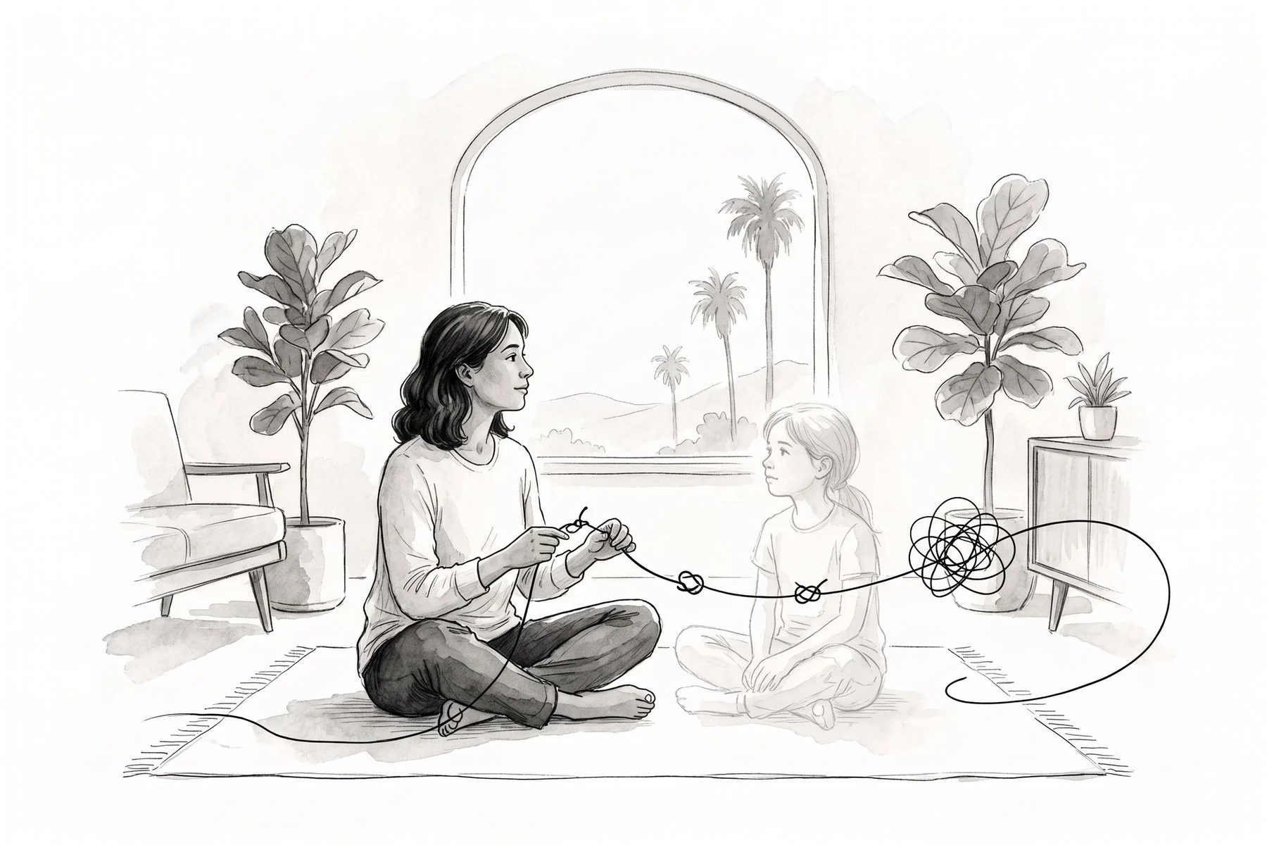 Illustration of a woman sitting on a rug untying knots in a line that connects her to a faint sketch of her younger self.