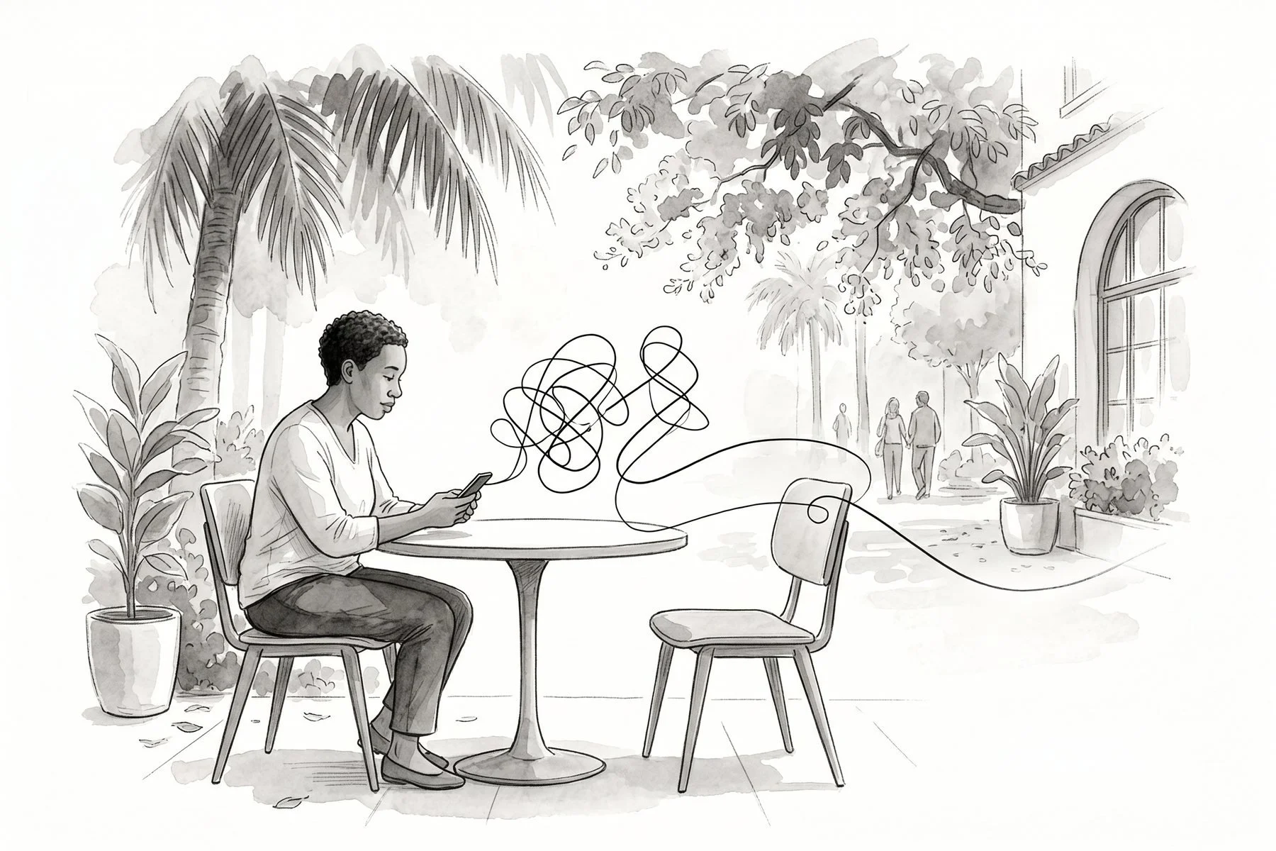 Illustration of a person at a café table looking at their phone, a tangled line leaving the phone and settling into a calm curve toward the empty chair across from them.