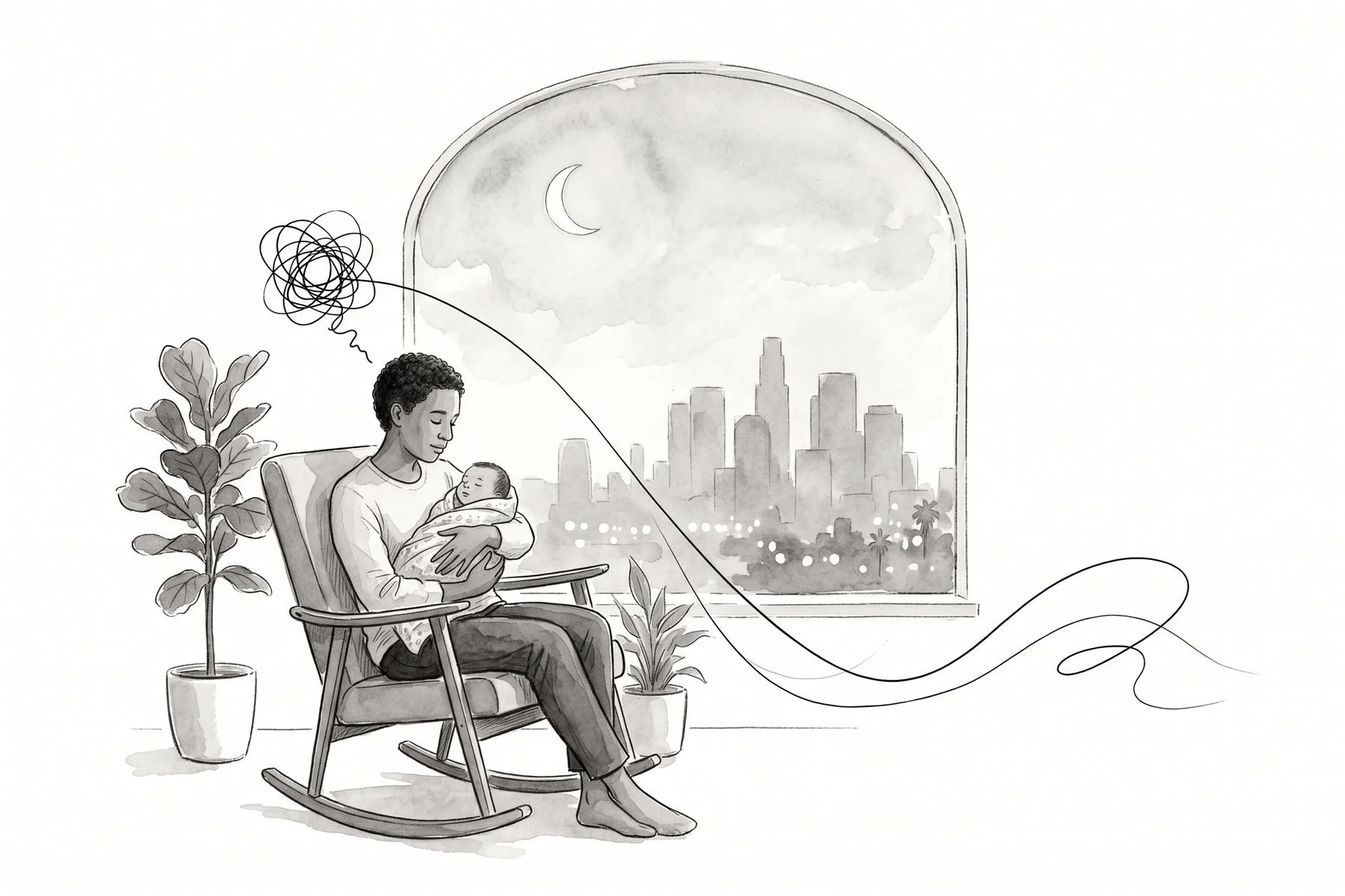Illustration of a parent in a rocking chair at night with a sleeping newborn, a tangled scribble above them softening into a gentle wave.