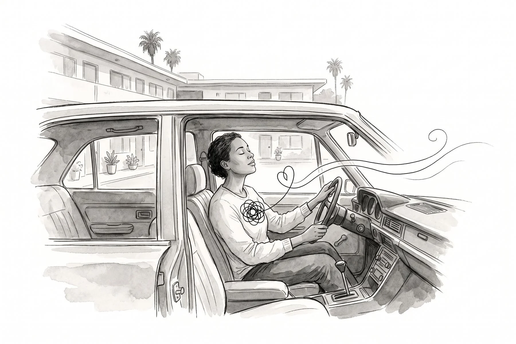 Illustration of a woman sitting in a parked car with her eyes closed, a knotted line at her chest unwinding out the window like an exhale.