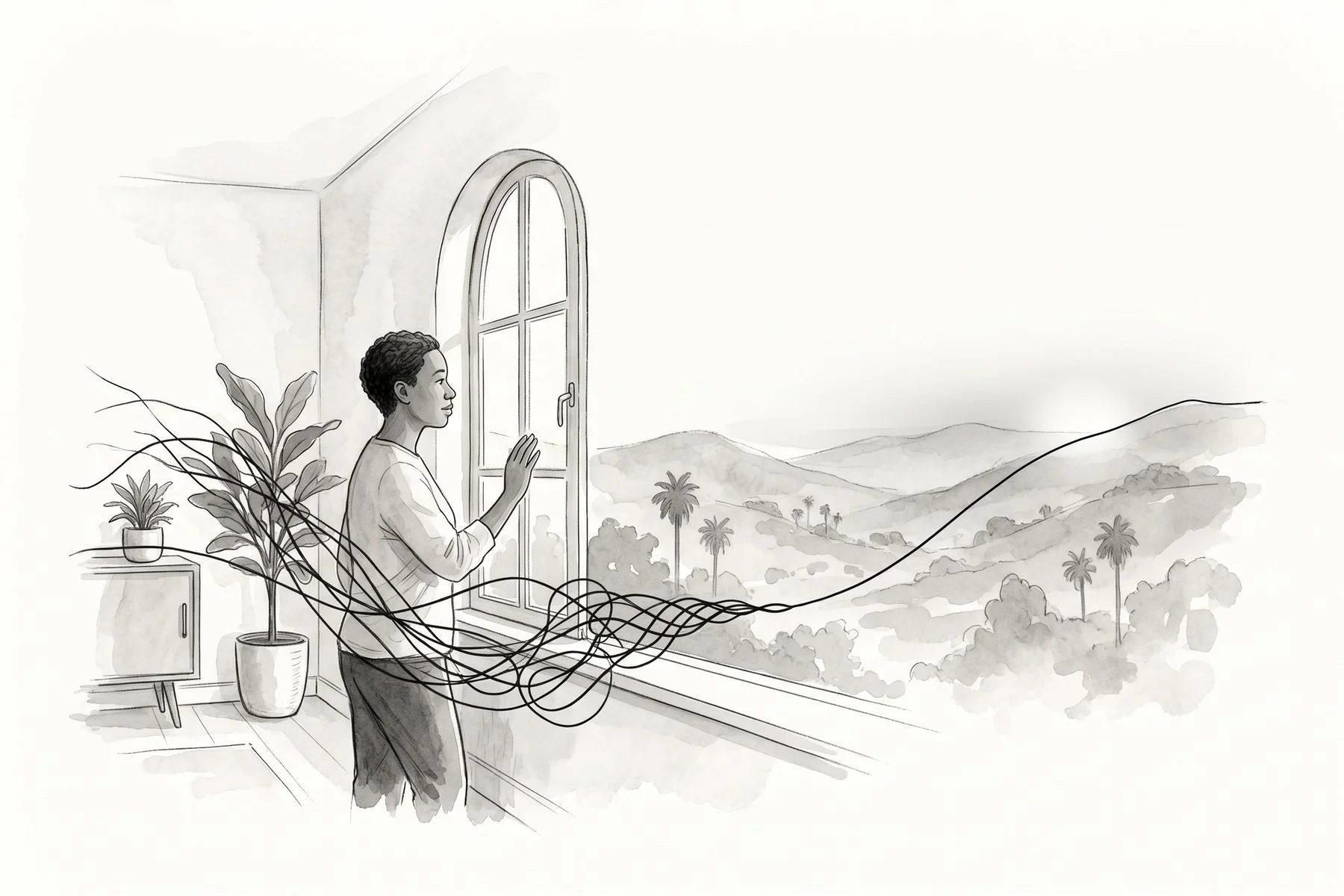 Illustration of a person at an arched window overlooking the hills, tangled lines around them gathering into a single thread that runs toward the horizon.