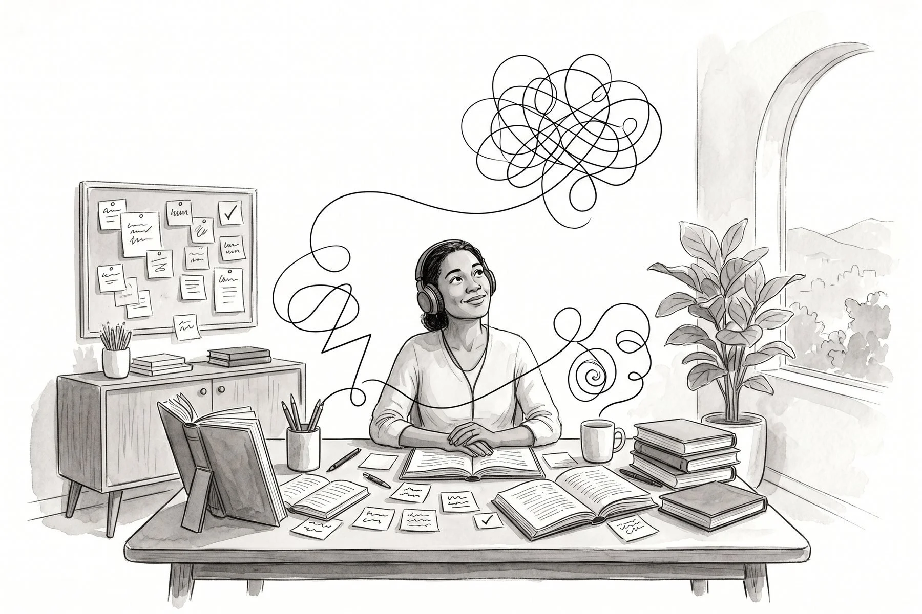 Illustration of a smiling woman in headphones at a desk full of books and sticky notes, a looping, zigzagging line gathering into an intricate flourish above her.