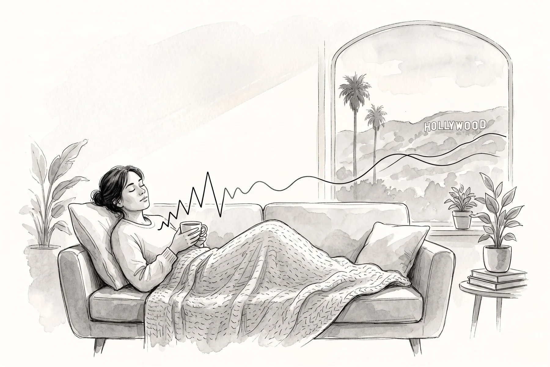 Illustration of a woman resting on a couch under a blanket with a cup of tea, a jagged line softening into gentle waves over the hills outside the window.