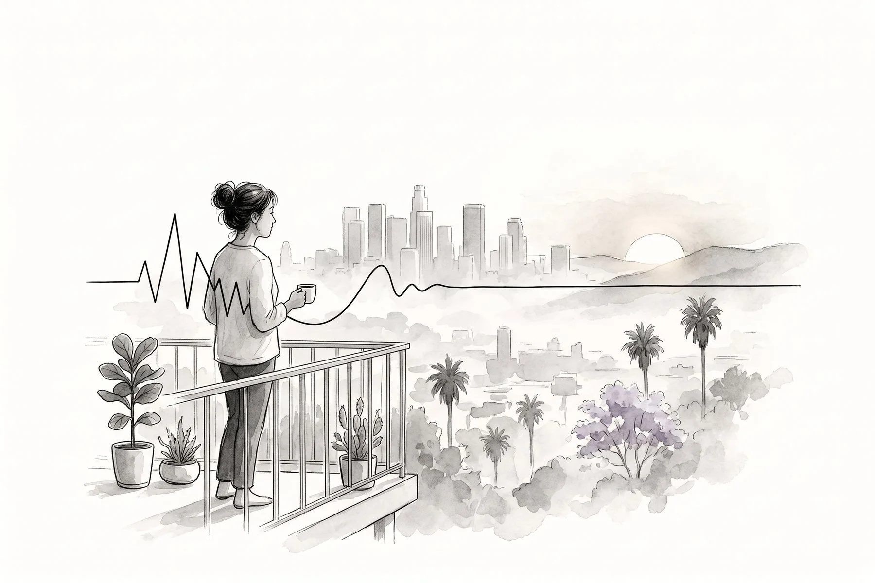 Illustration of a woman with coffee on a balcony at dawn, a jagged line behind her flattening into a calm horizon over the Los Angeles skyline.