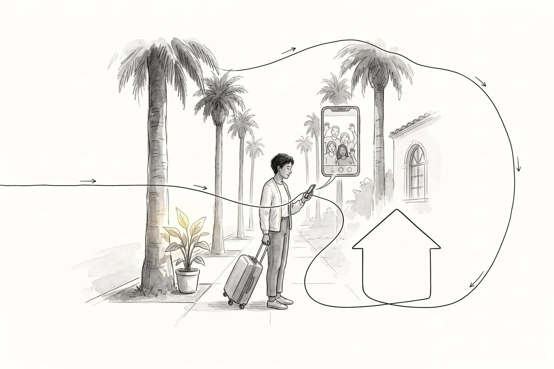 Illustration of a person with a suitcase on a palm-lined Los Angeles sidewalk on a video call, a line looping out and back to outline a small house.