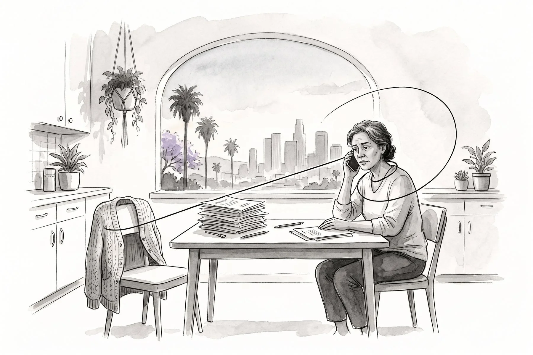 Illustration of a woman on the phone at a kitchen table with a stack of papers and a cardigan draped over the empty chair beside her, a line looping back around her own shoulders.