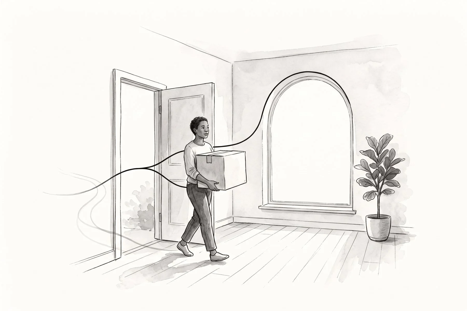 Illustration of a person bringing a moving box into a bright, empty apartment, a line splitting at the doorway with one strand tracing the arched window.