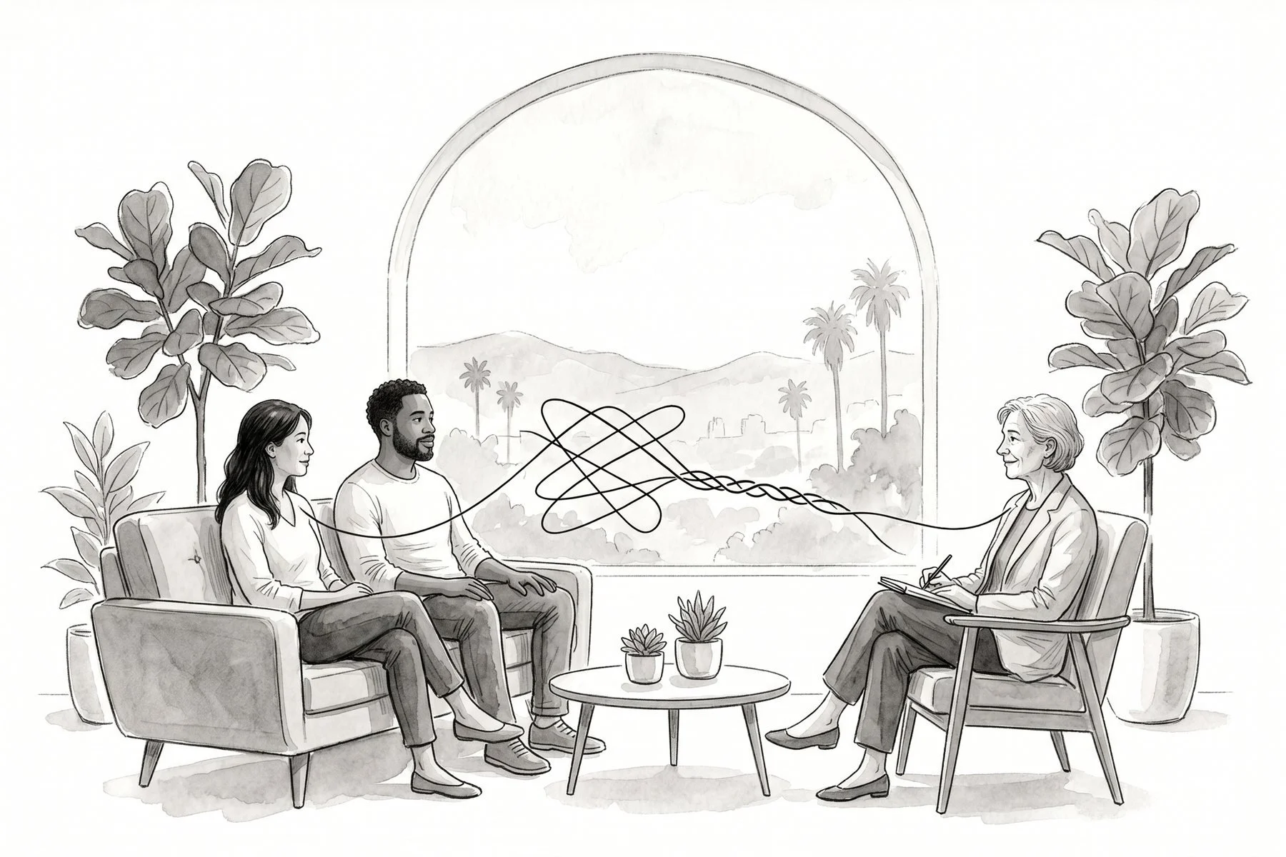 Illustration of a couple on a sofa across from a therapist, two crossed lines between them braiding into one thread.