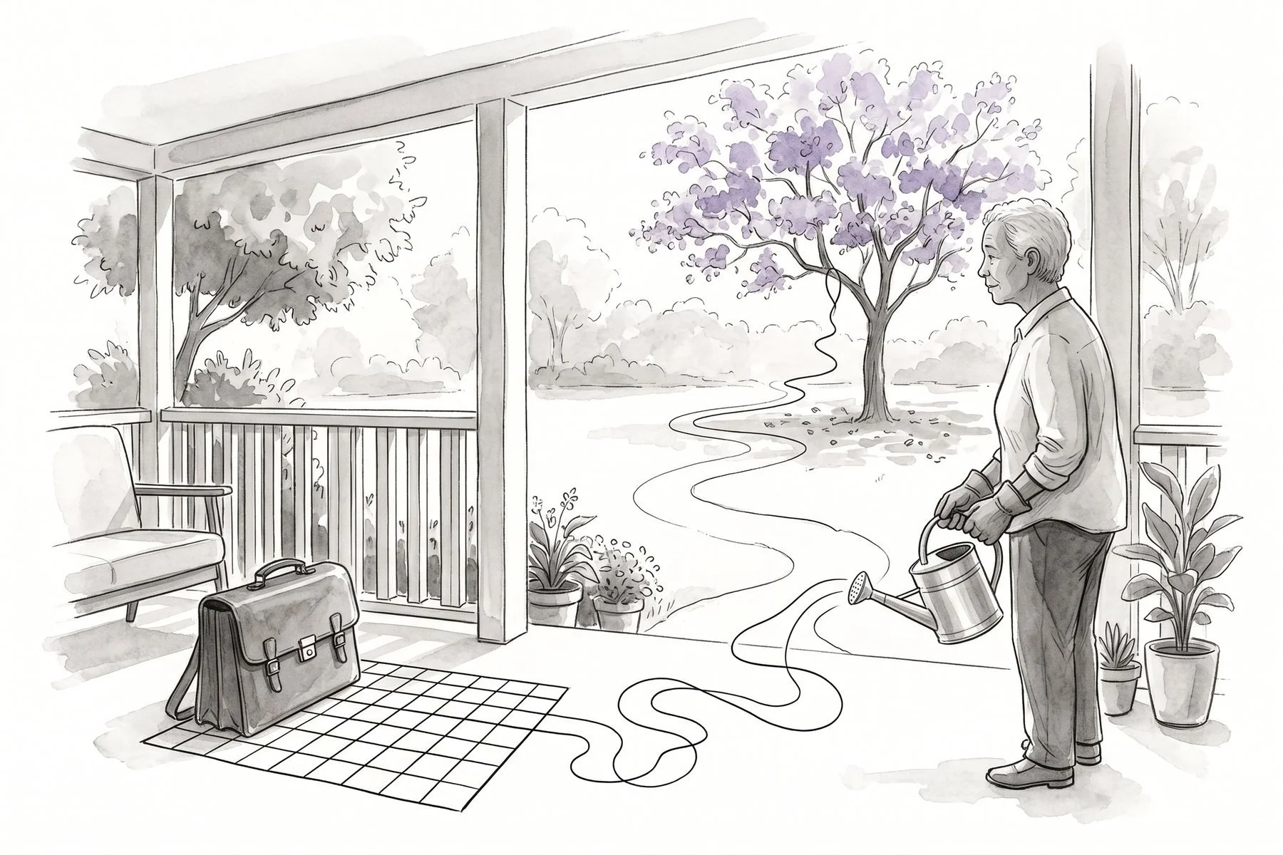 Illustration of an older man with a watering can on a porch, a grid beside his set-aside briefcase unfolding into a winding garden path toward a jacaranda tree.