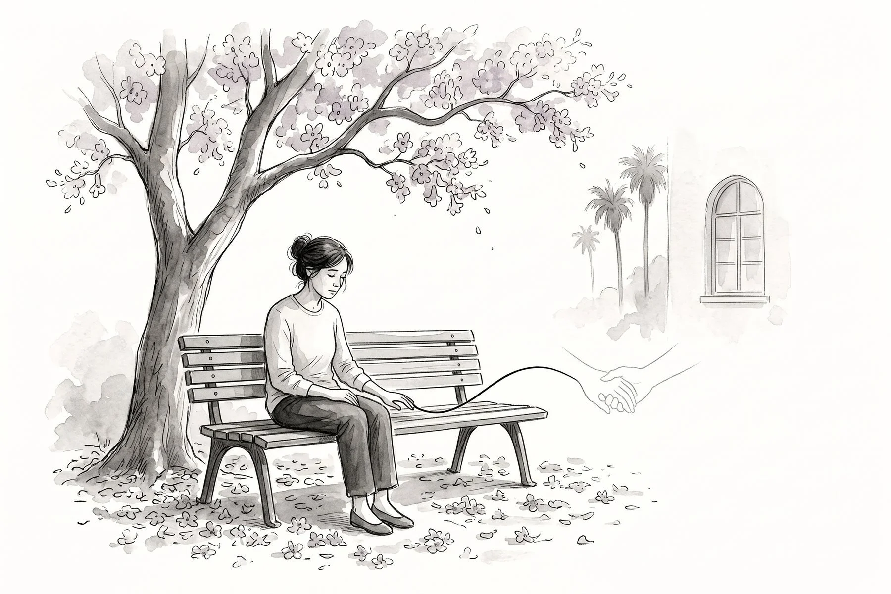 Illustration of a woman sitting alone on a park bench under a blooming jacaranda, a line from her hand leading to the faint outline of a hand in hers.