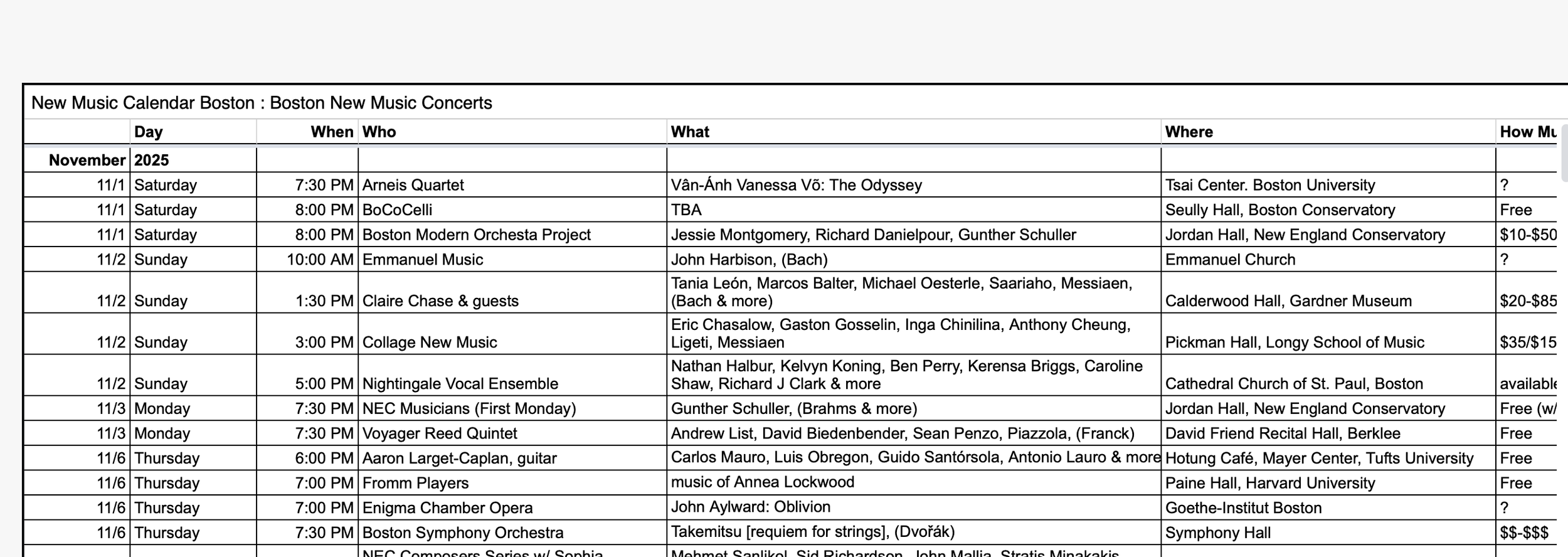 New Music Calendar Boston info