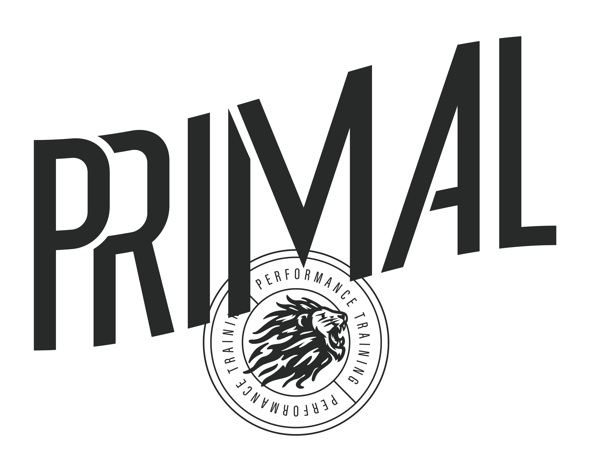 Bold logo text that spells 'PRIMAL' with a circular emblem underneath featuring a lion's head and the words 'Performance Training'.