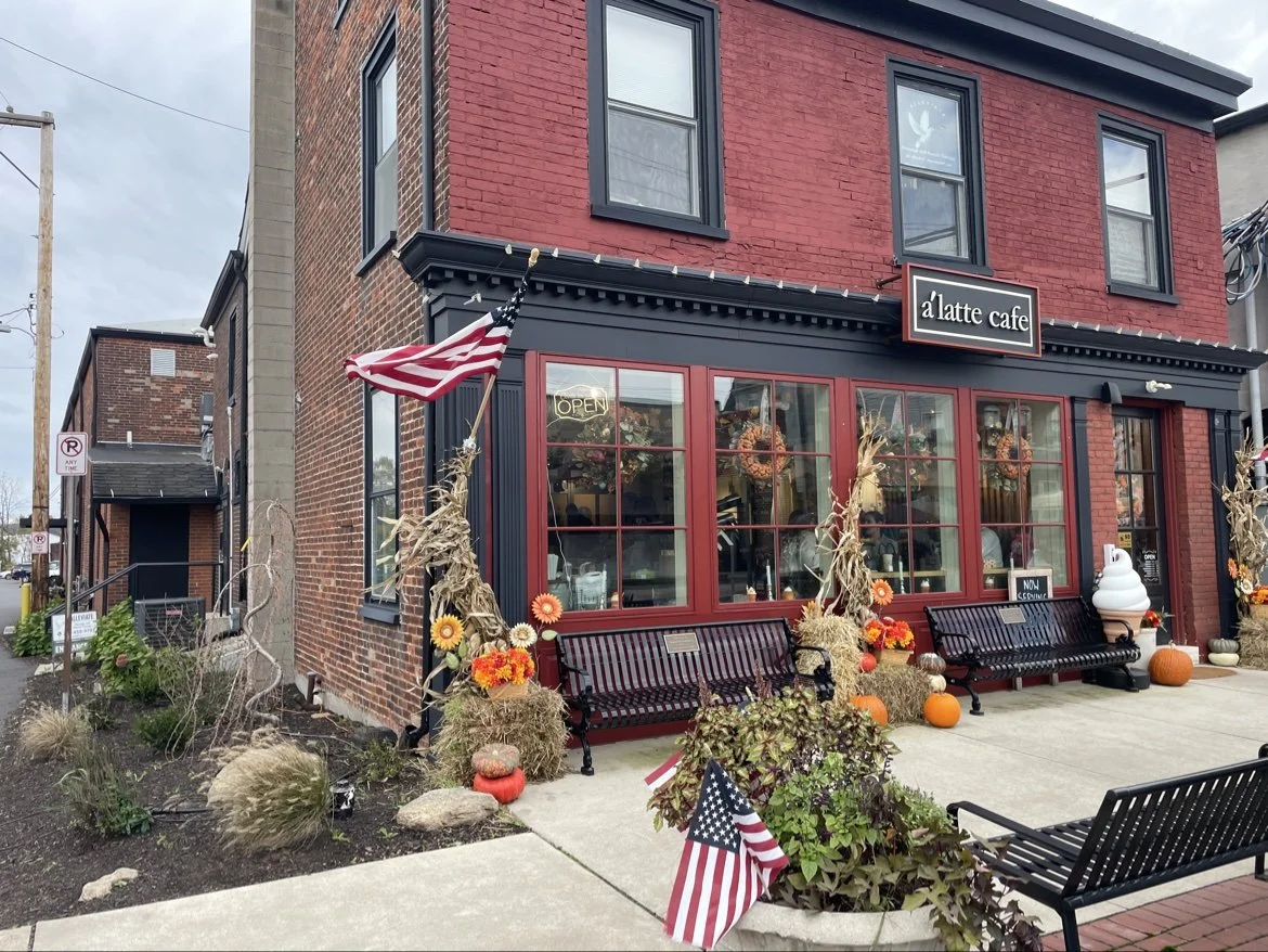 The red brick building on East Broad Street in Quakertown, with A'Latte Café on the ground floor and ALLEVIATE upstairs