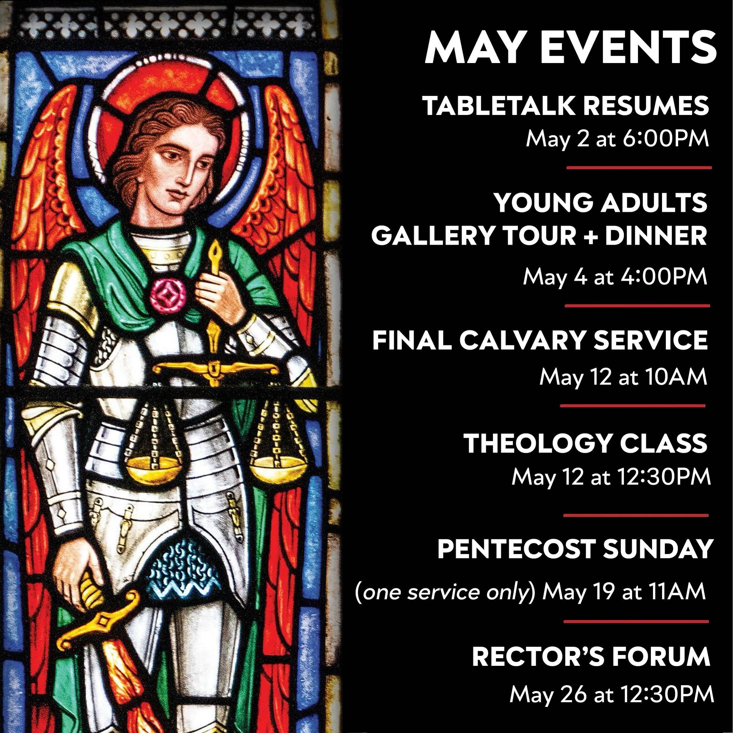 We are so excited for a very eventful spring season! Coming up there is something for everyone, from the young adults gallery walk through TriBeCa, to TableTalk, to the theology class, to the Rector&rsquo;s Forum.  We invite all parishioners to join 