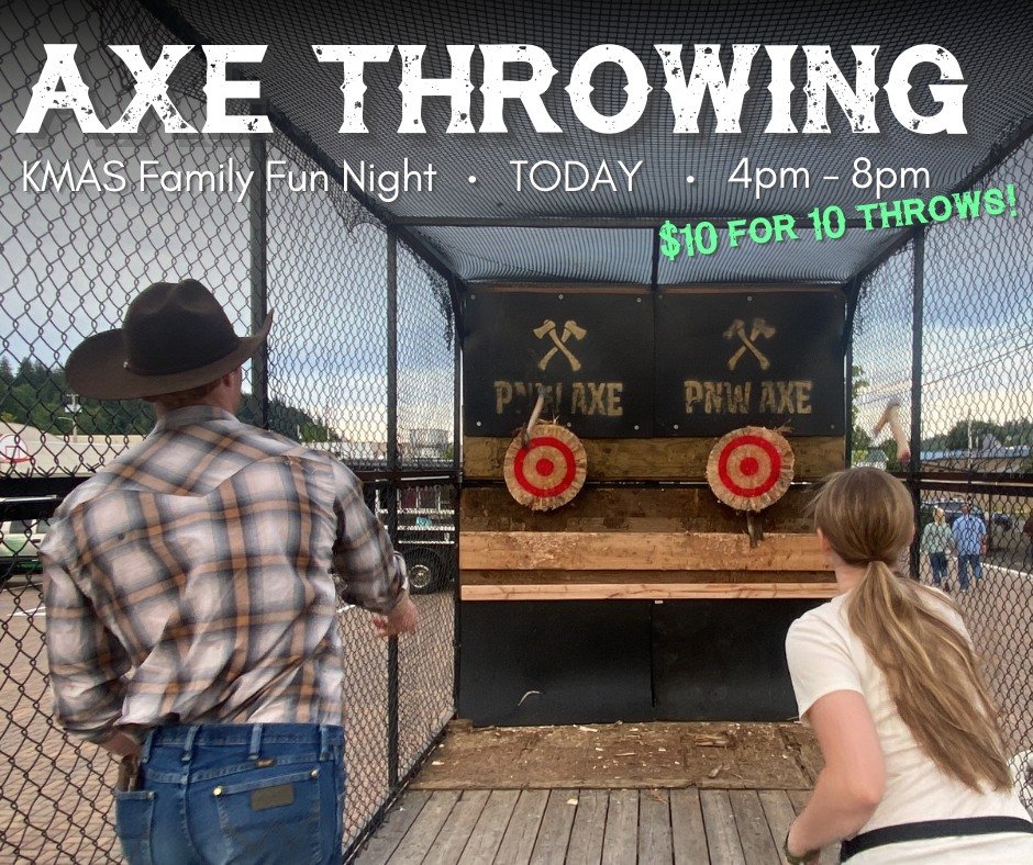 Come throw axes with us tonight at the KMAS Family Fun Night and Block Party downtown Shelton from 4pm - 8pm. We'll have food, wildfire prevention information, touch-a-truck opportunities, music, axe throwing, and more! #MasonCountyForestFestival

$1