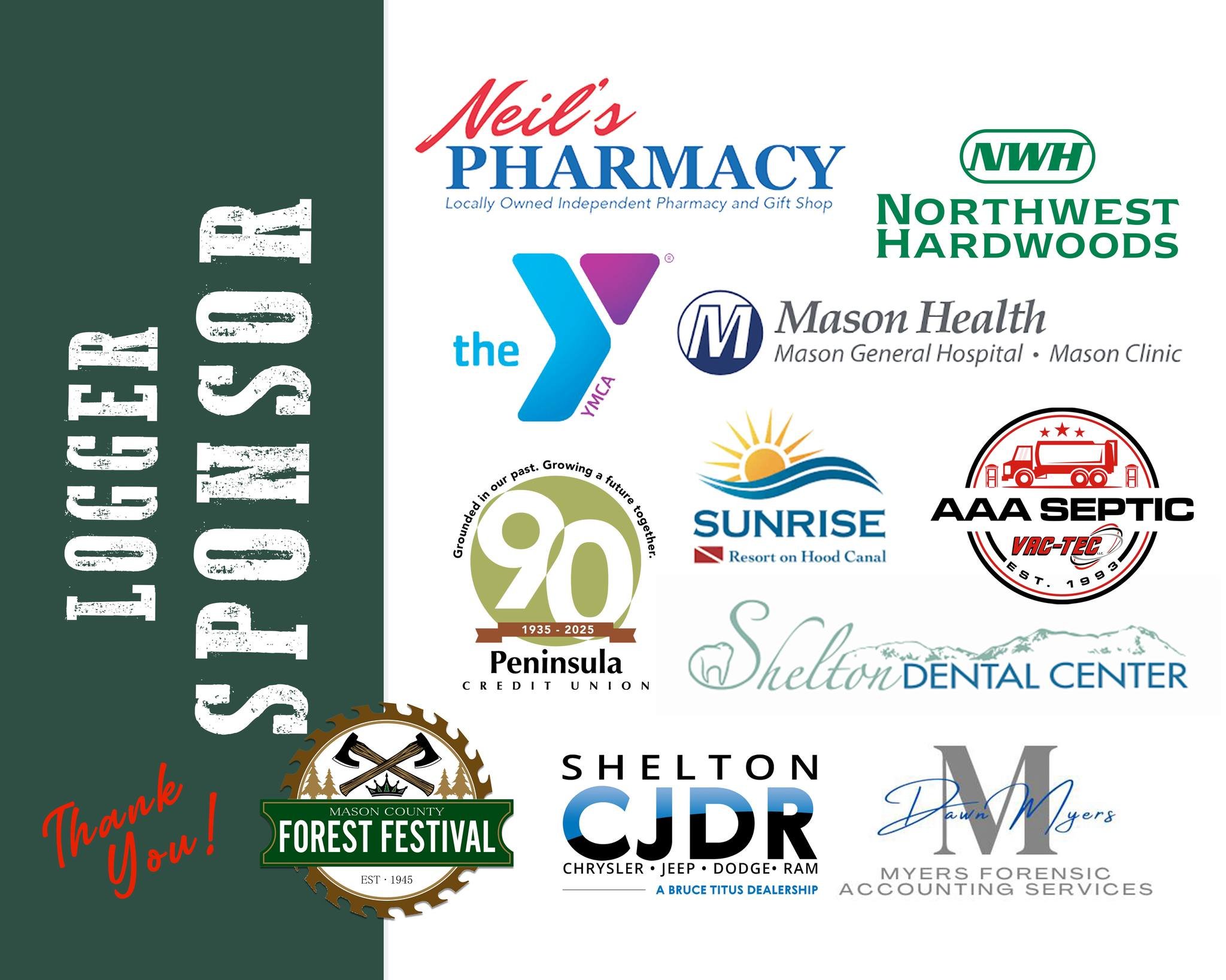 📣 SPONSOR SPOTLIGHT:  Logger Sponsors:  Shelton Family YMCA, Neil's Pharmacy, Mason Health, Peninsula Credit Union, Sunrise Resort and Motel - Hoodsport, WA, AAA Septic LLC, Shelton Dental Center, Bruce Titus Automotive Group, Northwest Hardwoods &a