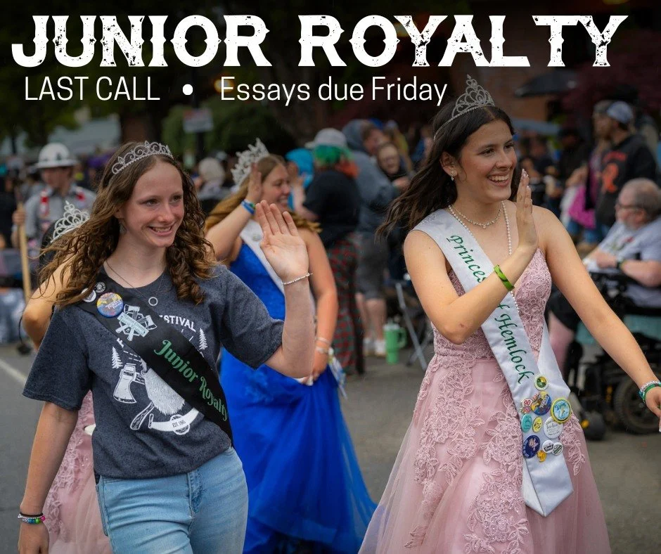 LAST CALL | 2026 Junior Royalty (6th - 8th graders in Mason County). 

- Looking for one student from each middle school / junior high school in the county (home school / private schools welcome!)
- Submit an short essay as your application 
- Free T