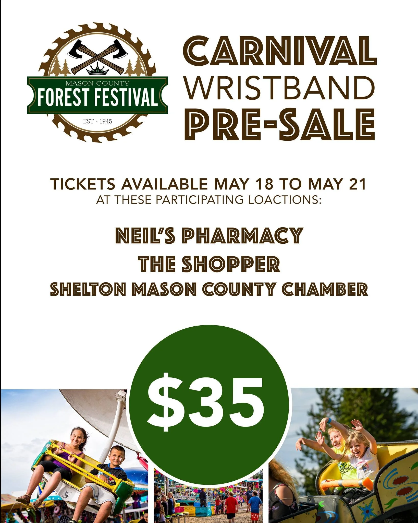 📣 CARNIVAL PRE-SALE WRISTBANDS are ON SALE NOW!
$35 per ticket ($10 savings with $5 off regular price wristbands and 5 game tickets included)

Visit @neilspharmacyinc (512 W Franklin), @theshoppershelton (2505 Olympic Hwy. N), or @masoncountychamber