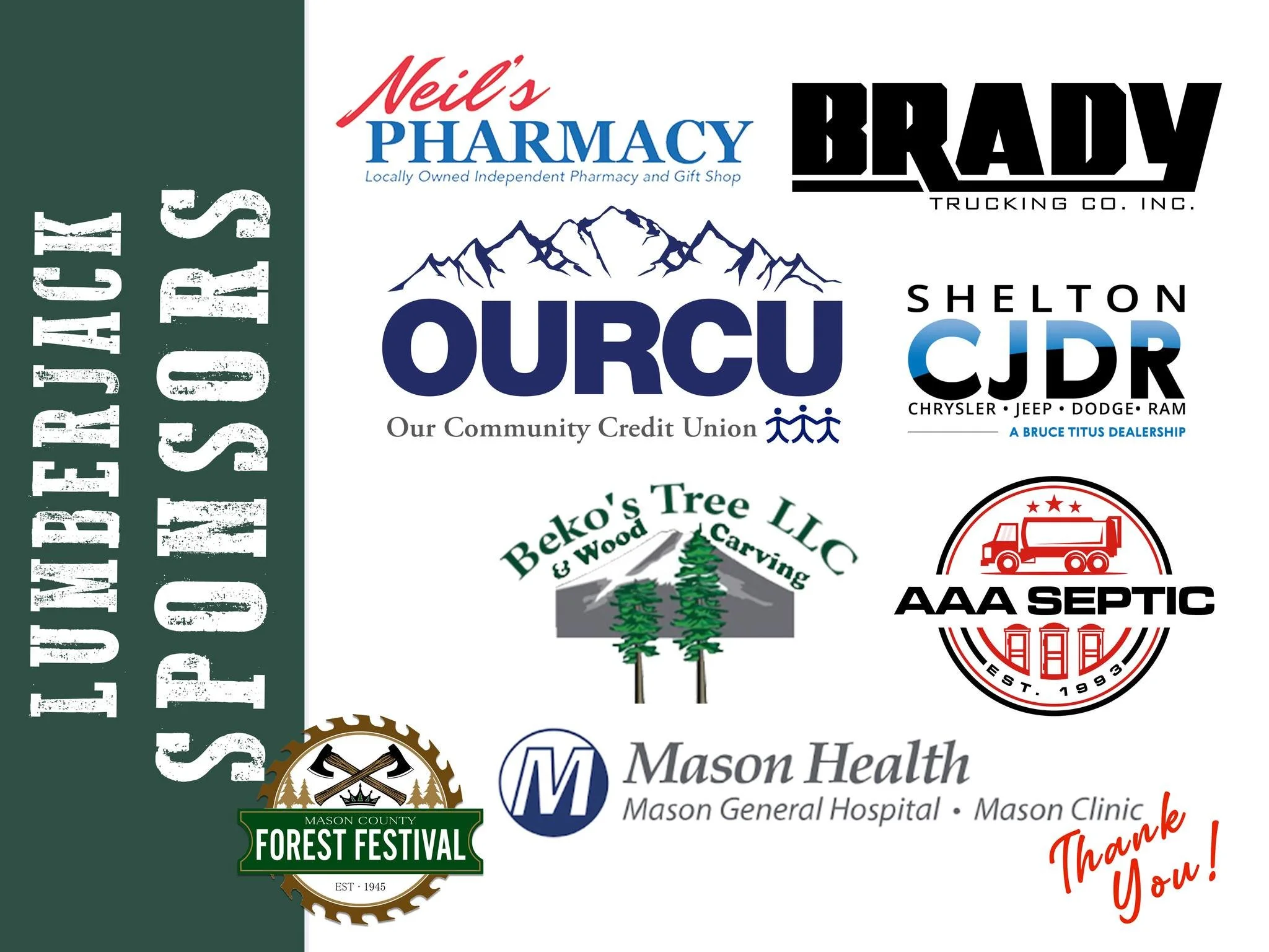 📣 SPONSORSHIP SPOTLIGHTS: LUMBERJACK Sponsors

We couldn't do this without you!
@neilspharmacyinc, @bradytruckingco, @ourcommunitycreditunion, @sheltoncjdr, @bekostrees, @aaasepticshelton, &amp; Mason Health