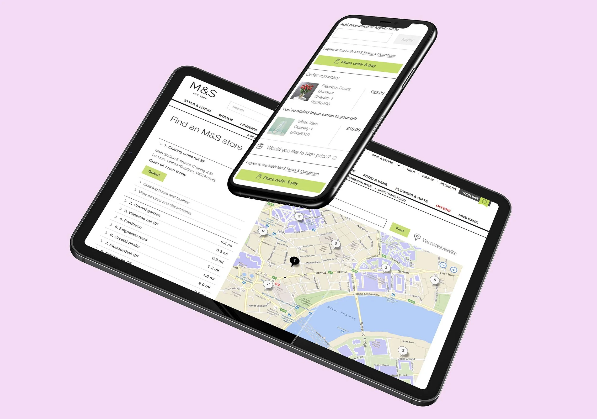 Image of a tablet and a smartphone floating in the air with a purple background displaying M&S website
