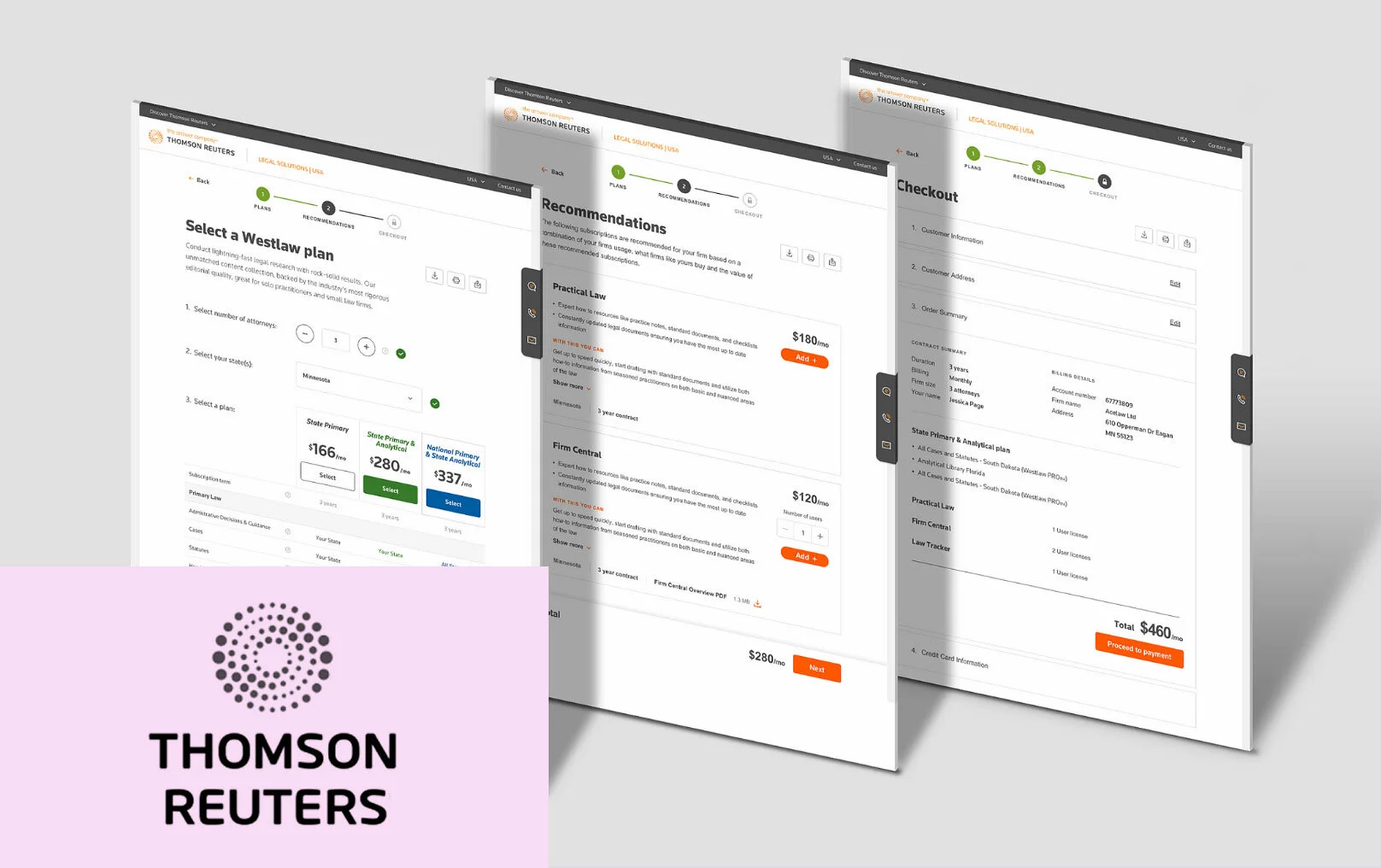 Image of three pages of designs for Thomson Reuters on a light grey background