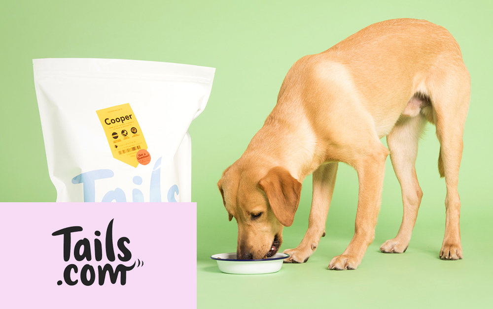 Photograph of a golden retriever eating from a bole with a bag of dog food Tals.com next to it. The label on the bag has dog's name.
