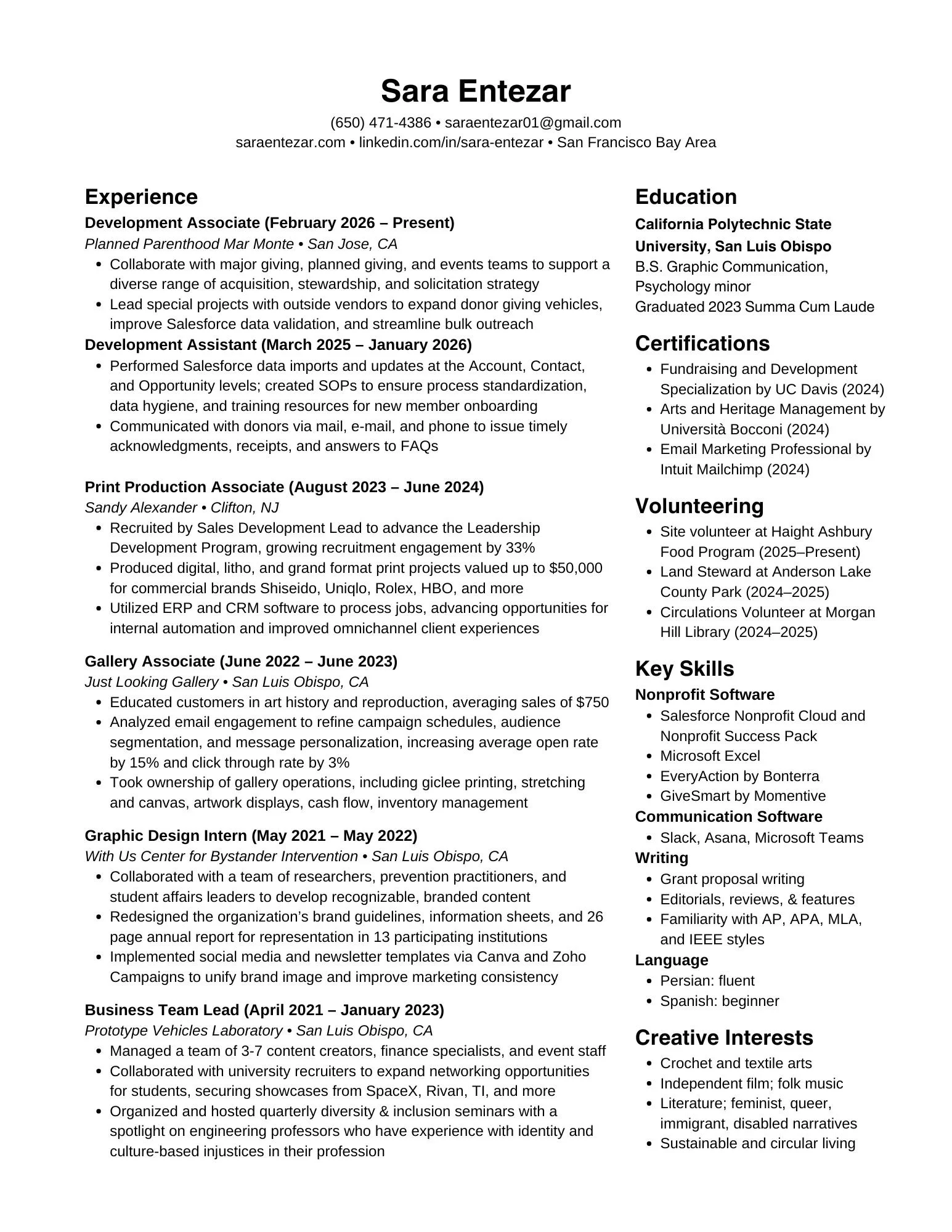 Sara Entezar resume, updated April 2026