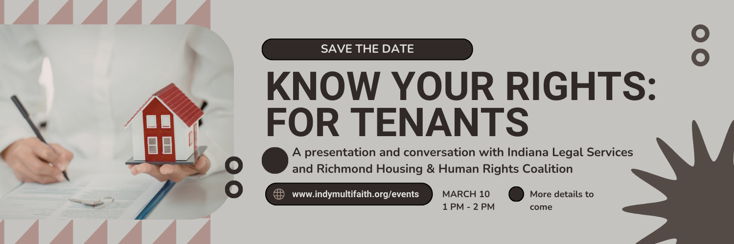 Person holding a red and white house while writing on a document with a blue folder and key. Details about the Know Your Rights Event