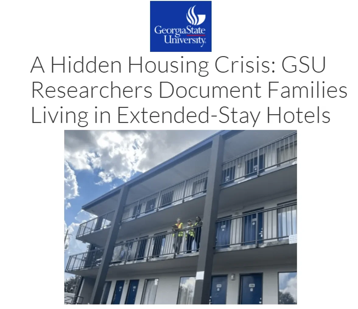 A headline reading “A Hidden Housing Crisis,” above a photo of an extended-stay motel where several people stand on an outdoor balcony.