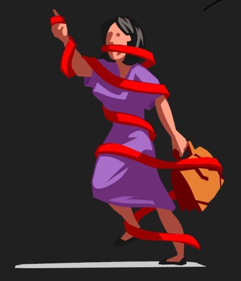 A woman in a purple dress is tightly wrapped in red tape that covers her mouth and body as she tries to walk.